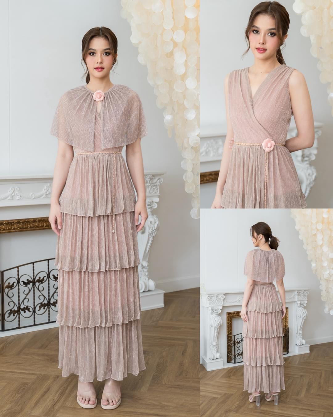 แม็กซี่เดรสคอวีป้ายแขนกุด มาพร้อม เสื้อคลุมติดกระดุมเปิดได้ กระโปรงบานจีบรูด ระบาย4ชั้น มาพร้อมโบว์สำหรับผูกเอว ทำจาก ผ้าราเม่ผสมดิ้นเมทัลลิค เนื้อนุ่มยืดหยุ่น มีซิป ซ่อนและซับในเต็มตัว ใส่สบาย : สินค้าคุณภาพ (พร้อมส่ง)