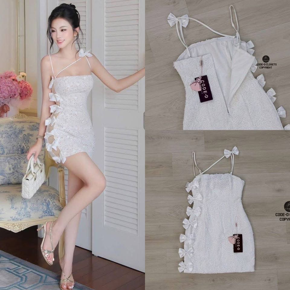 มินิเดรสสายเดียวผ้าลูกไม้สีขาว ทรงเข้ารูป ดีไซน์แต่งสายไขว้อก ติดโบริบบิ้นสีขาวเล็กๆตรงหัวไหล่ ใส่สบาย : สินค้าคุณภาพ (พร้อมส่ง)