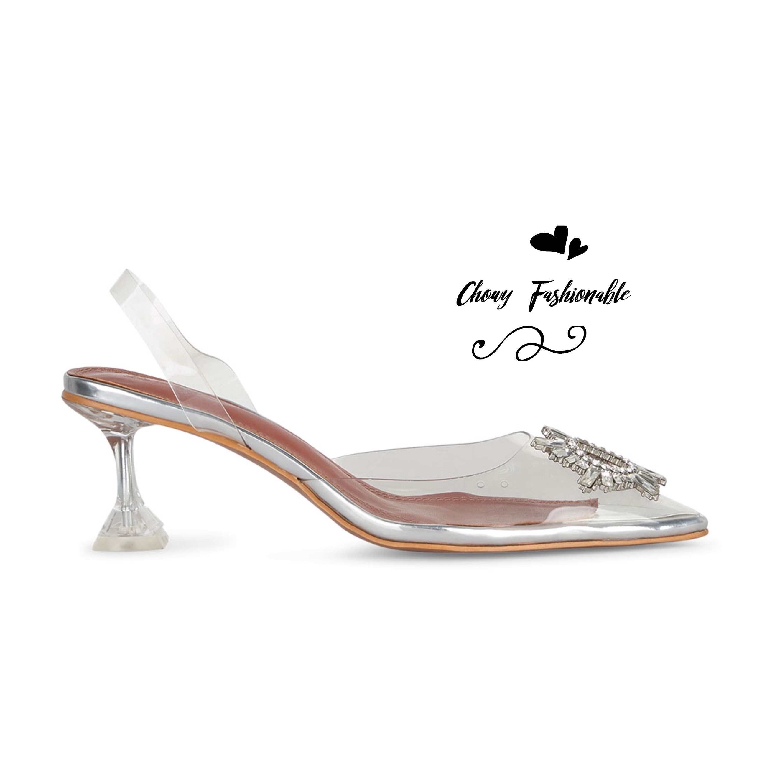 รองเท้าส้นแแก้วใส มีไซส์ใหญ่ 37-45 ทรงหัวแหลม รัดส้น สีใส KR1159