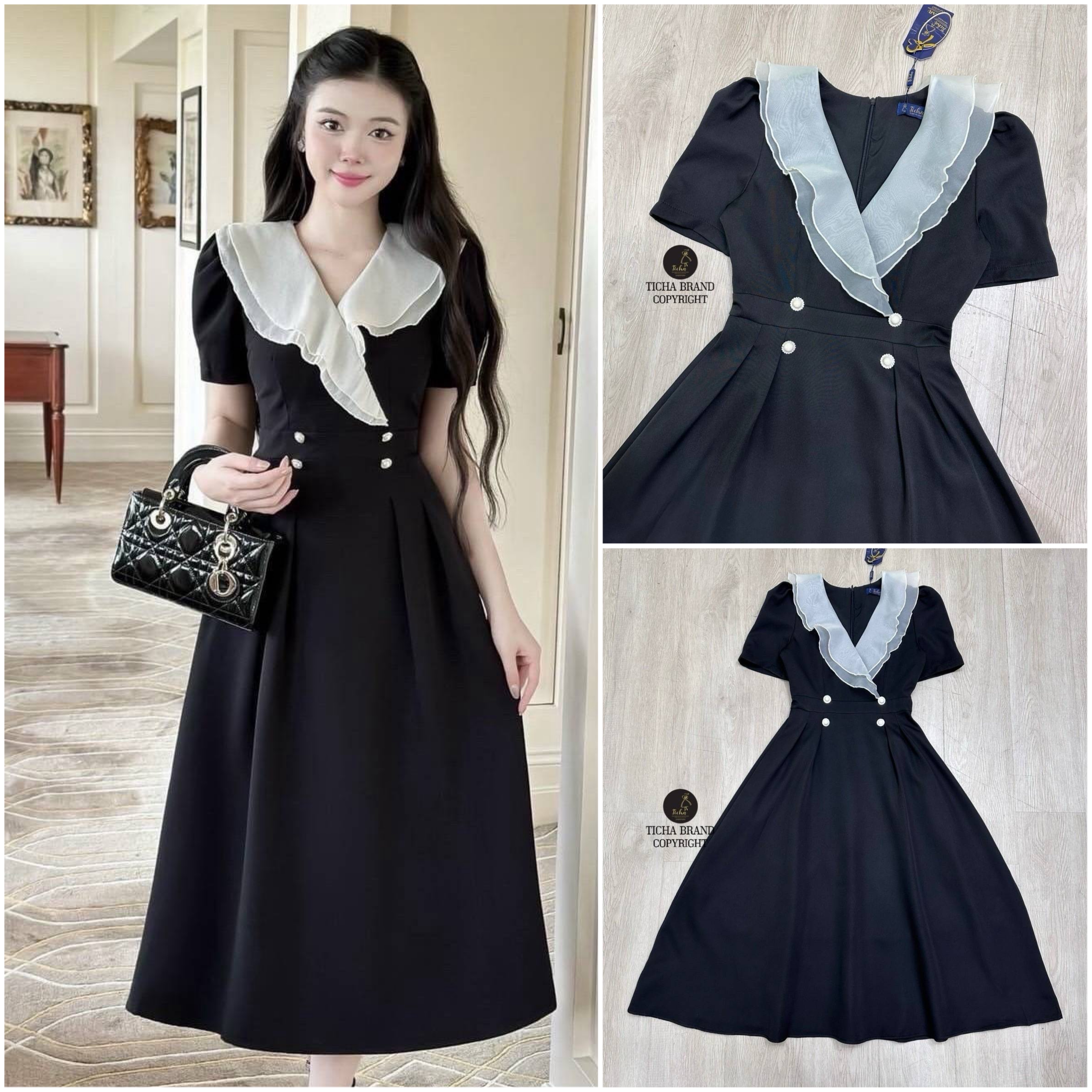 เดรสยาวสีดำดีไซน์คอวีแต่งปกใหญ่ ระบายด้วยผ้าชีฟองสีครีมสองชั้นแขนสั้นจับจีบ ยกบ่า ด้านหน้าช่วงเอวแต่งกระดุมมุกคู่สีขาว ( มีซิปหลังซ่อนอย่างดี ) ช่วงกระโปรงจับจีบช่วง ต้นชายคลายทรงพริ้ว เนื้อผ้าดีมีซับในทั้งชุด ใส่สบาย : สินค้าคุณภาพ (พร้อมส่ง)