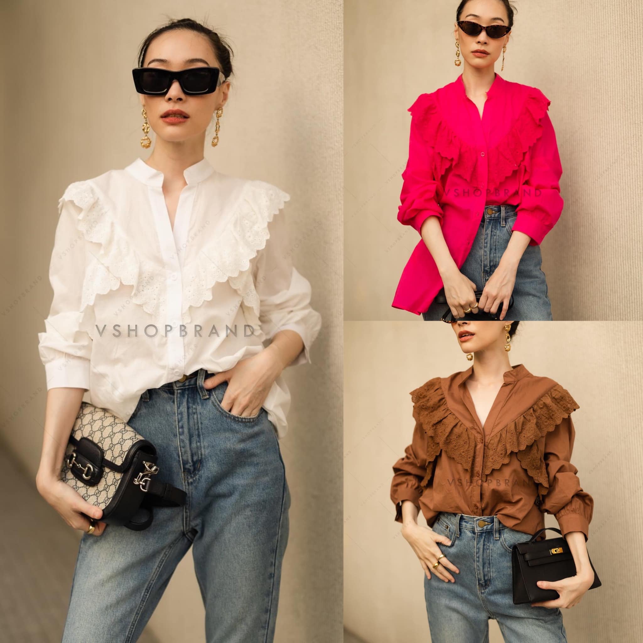 เชิ้ตคอจีน แต่งระบาย ลูกไม้หน้า : สินค้าคุณภาพ (พร้อมส่ง)