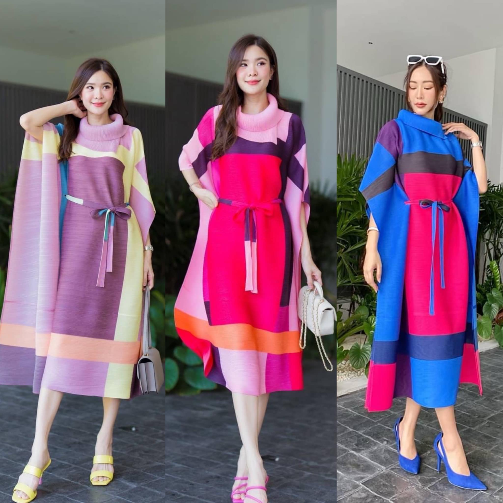 เดรสอัดพลีท ปกใหญ่ คอตั้งเฉลียง ทรงแขนผีเสื้อ 🦋 แต่งสายคาดเอว แพตเทิร์นดีงามมว้าก ใส่สบาย สินค้าคุณภาพ (พร้อมส่ง)