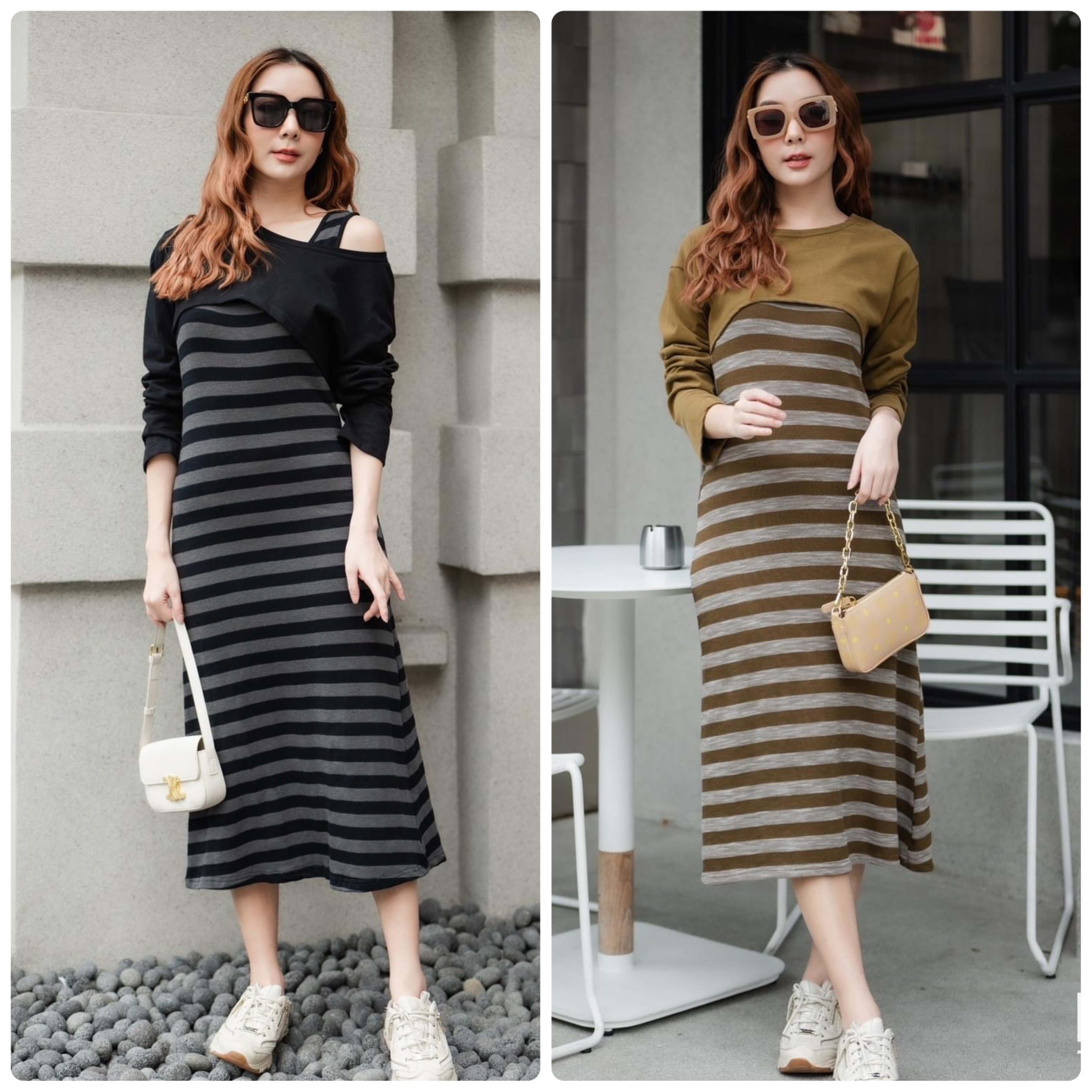 Set 2 pcs เดรสกล้ามตัวยาวผ้า knit เนื้อบางทอลายริ้ว มาพร้อมเสื้อยืดแขนยาวตัวนอก ใส่คลุมแบบปิดไหล่หรือเปิดไหล่ได้ตามชอบ ใส่สบาย สินค้าคุณภาพ (พร้อมส่ง)