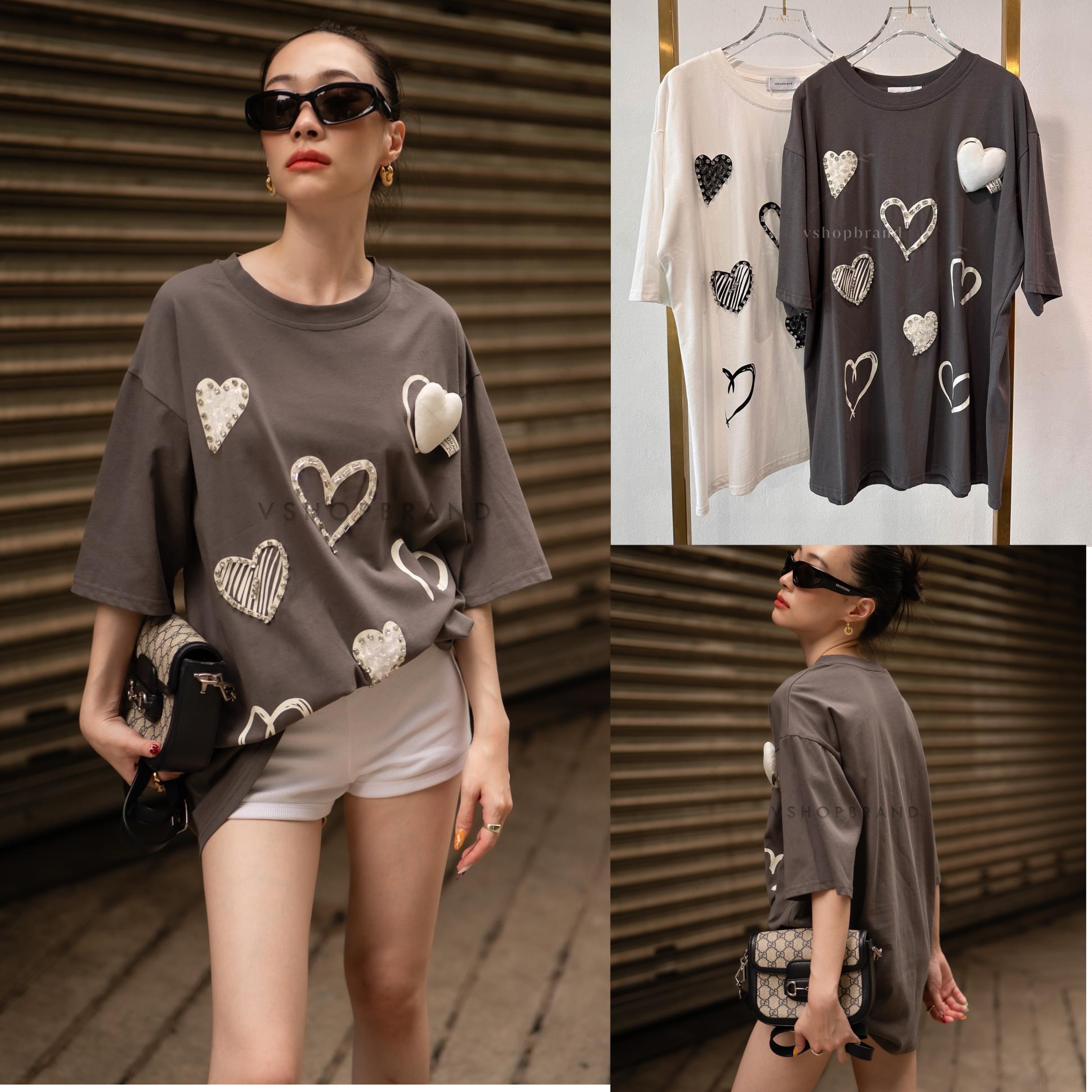 เสื้อยืดหัวใจหลายดวง ติดเพชร : สินค้าคุณภาพ (พร้อมส่ง)