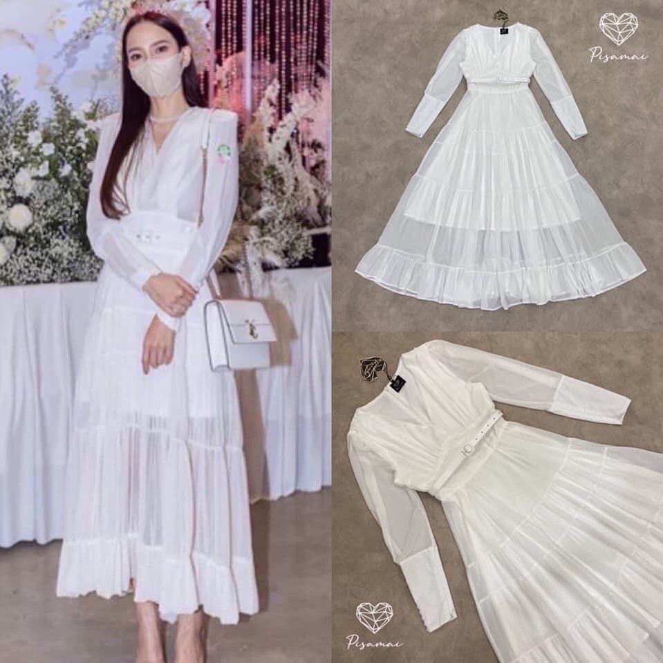 เดรสสีขาวแขนยาวทรงยาวคอวี เป็นทรงกระโปรงบาน มาพร้อม เข็มขัดเข้าเซ็ต สินค้าคุณภาพ (พร้อมส่ง)