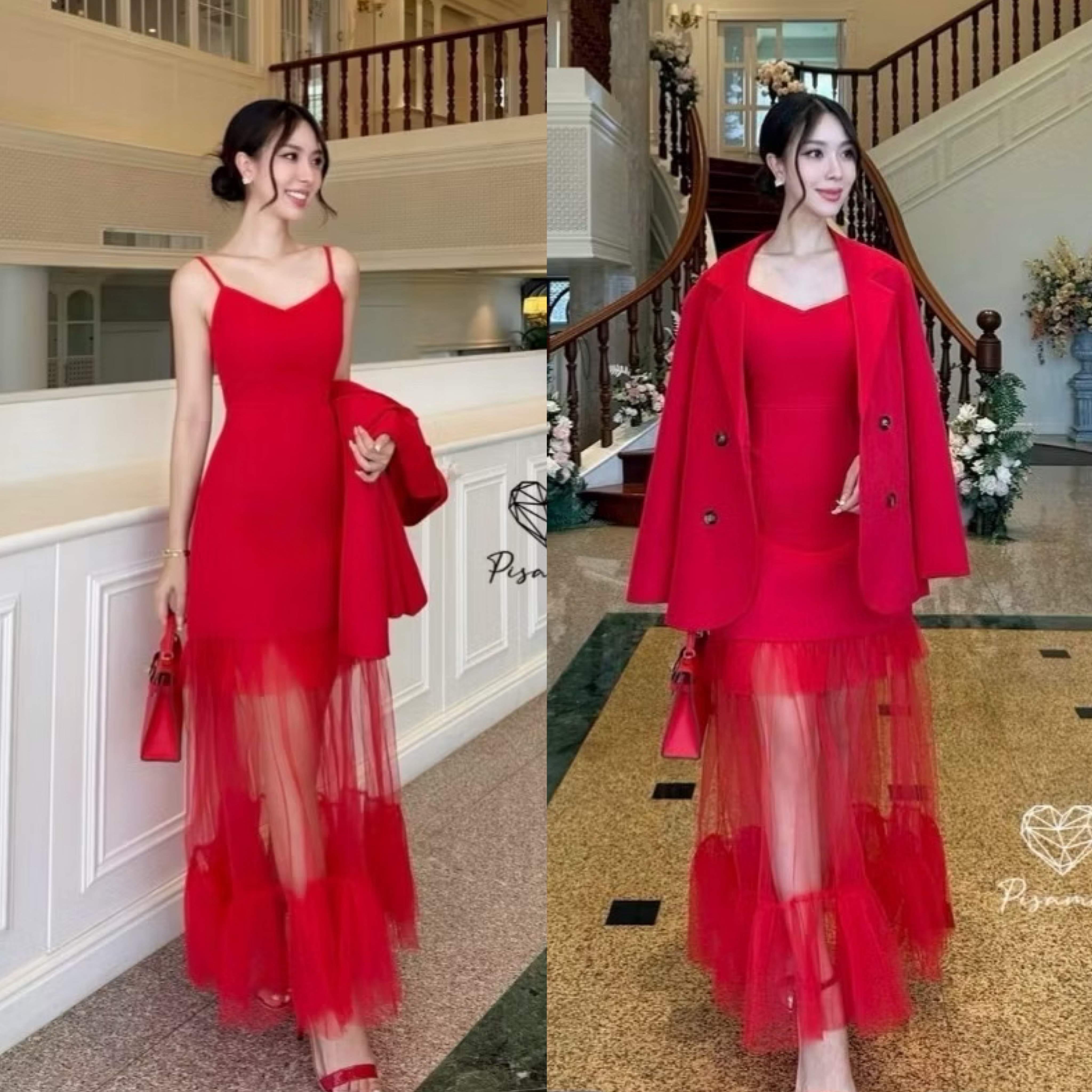 เซ็ตสายเดี่ยวสีแดง แต่งระบายซีทรูยาวอลังด้านล่าง มาคู่กับเบเซอร์oversize คัทติ้งเป๊ะ ใส่สบาย : สินค้าคุณภาพ (พร้อมส่ง)