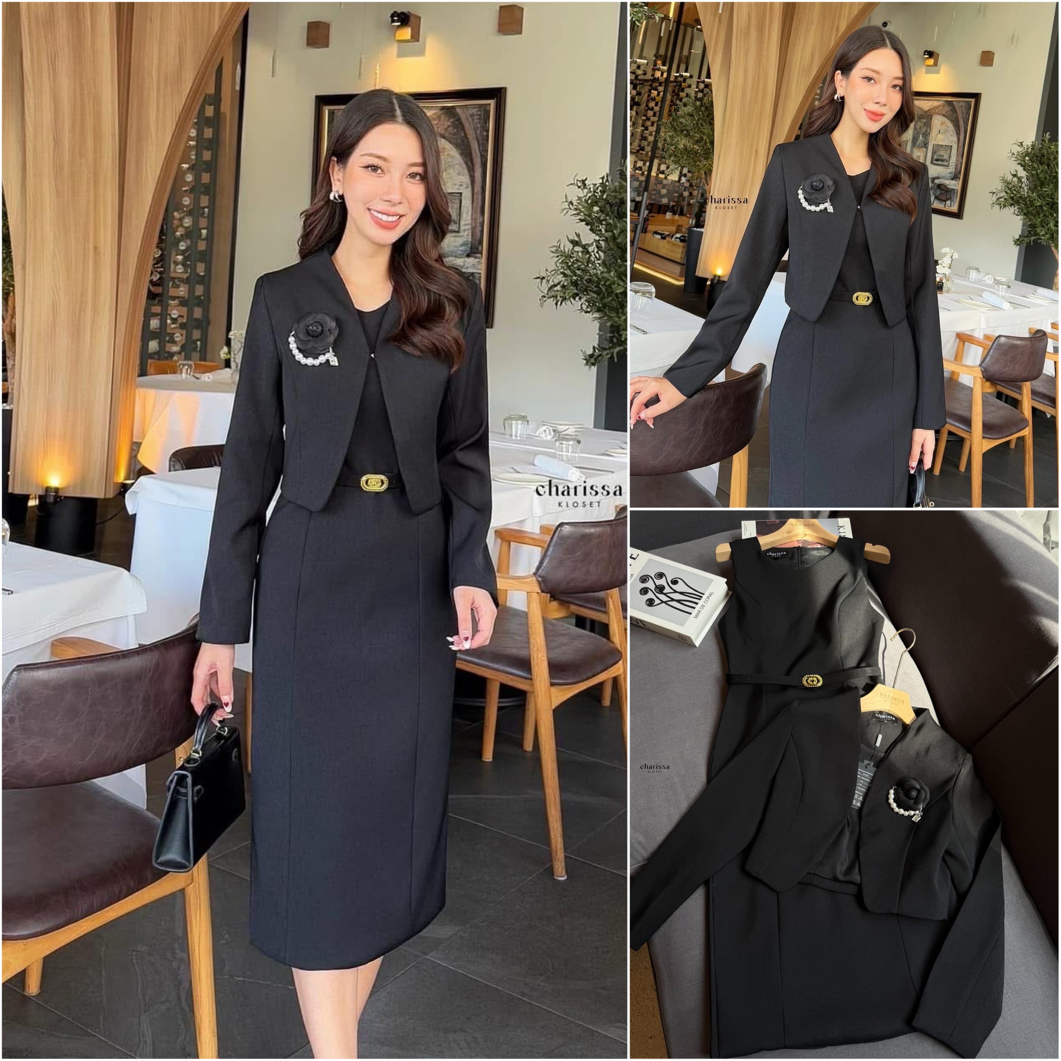 Set 4 ชิ้น เดรส เสื้อคลุม เข็มกลัด และเข็มขัด เดรสทรงสอบมาพร้อมเสื้อครอป เข็มขัด แถมฟรีเข็มกลัดดอกไม้ ใส่สบาย : สินค้าคุณภาพ (พร้อมส่ง)