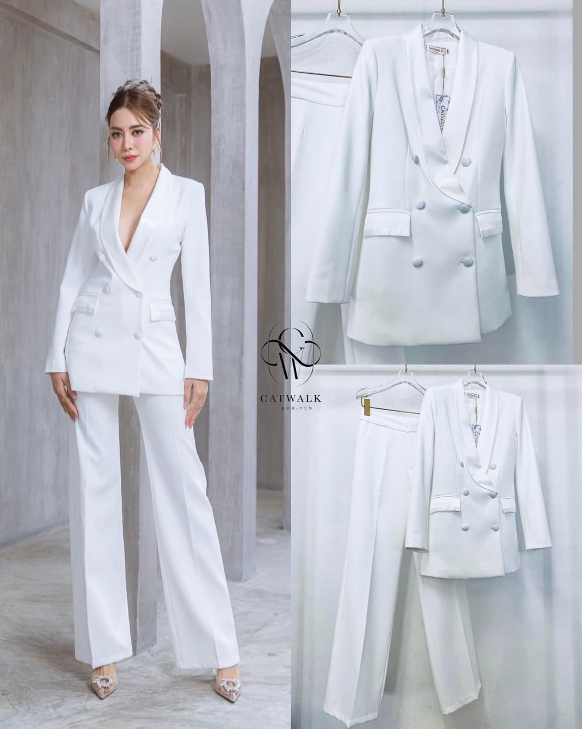 เซตสูทปกเลื่อม+กางเกงขาตรง เนื้อผ้าเกรดเอ เนื้อนุ่มเป็นทรงใส่สบาย สินค้าคุณภาพ (พร้อมส่ง)