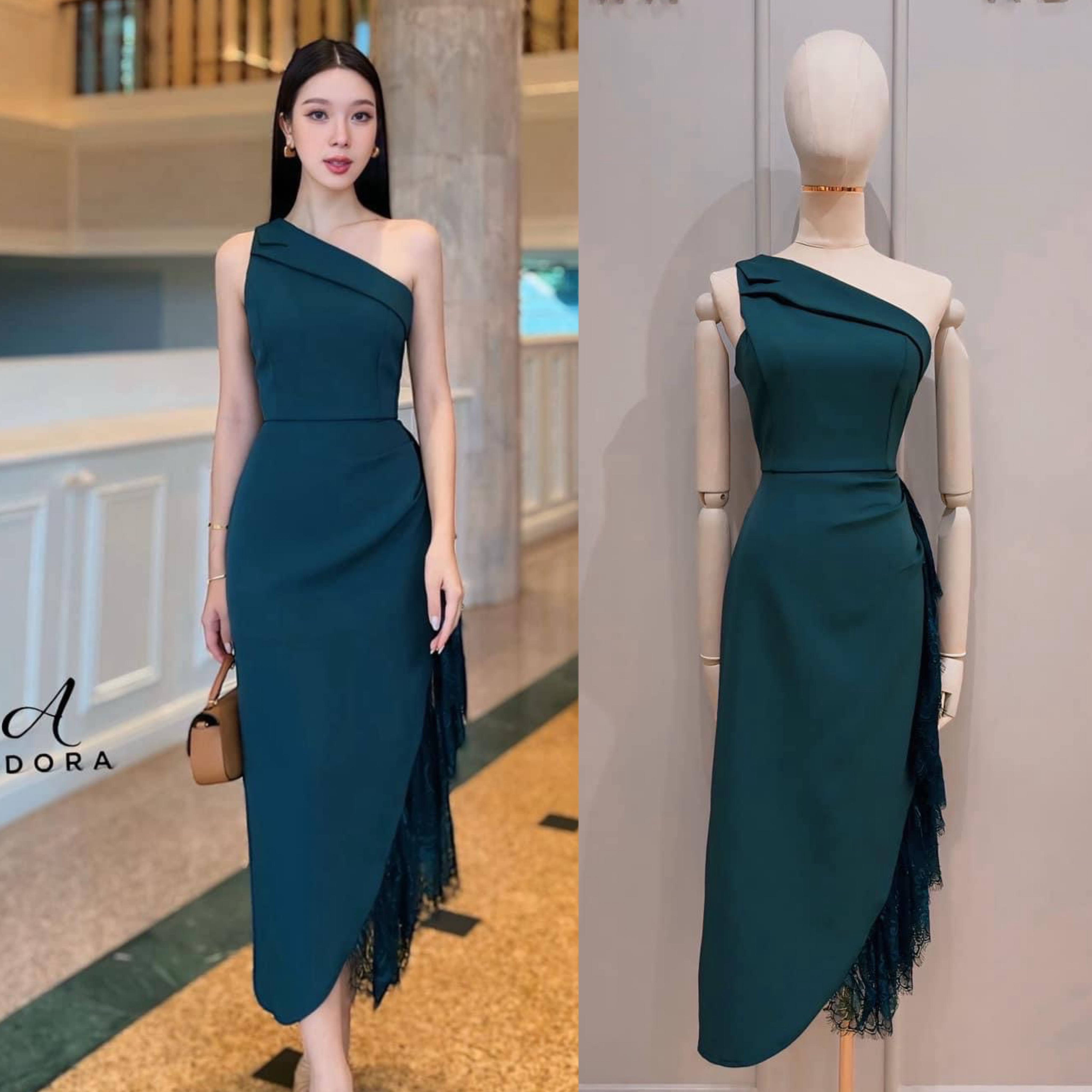 เดรสดีไซน์ไหล่เฉียง ช ตัวเดรส ใช้เนื้อผ้าเกรดพรีเมี่ยมทั้งตัว ดีไซน์กระโปรงทรง สอบตกแต่งระบายด้วยผ้าลูกไม้ไล่ระดับด้านข้าง งานมีซับใน ซิปหลัง ใส่สบาย : สินค้าคุณภาพ (พร้อมส่ง)