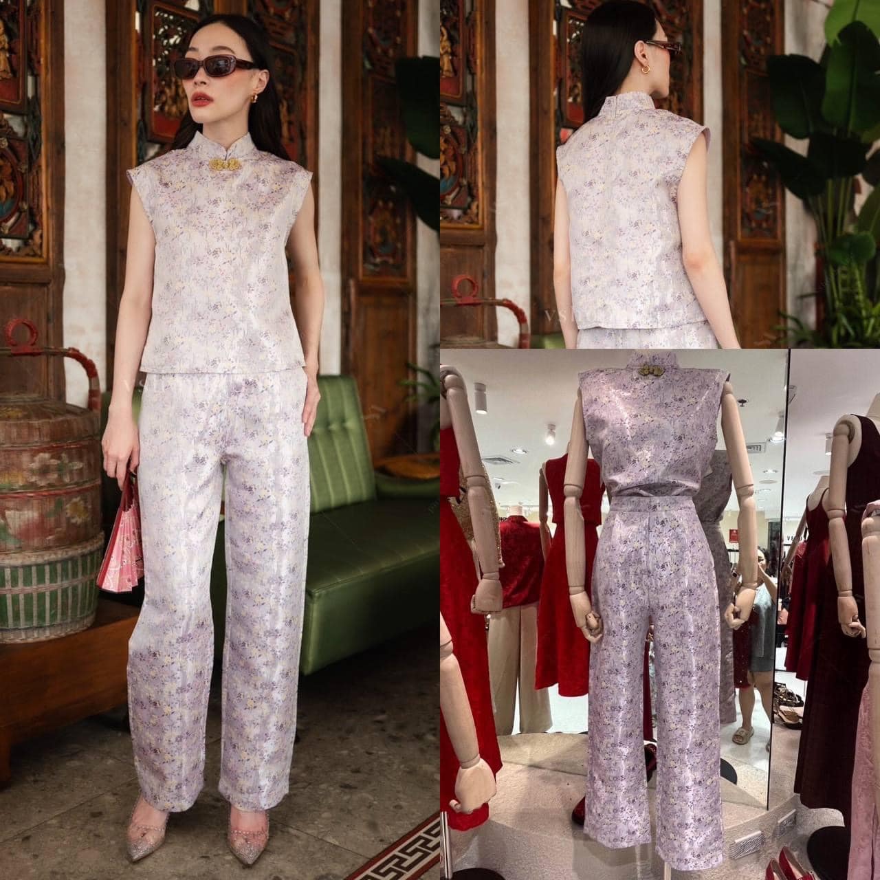 Set เสื้อกี่เพ้าแขนกุดลายดอกมินิ + กางเกงขายาว ทรงสวย ใส่สบาย . สินค้าคุณภาพ (พร้อมส่ง)