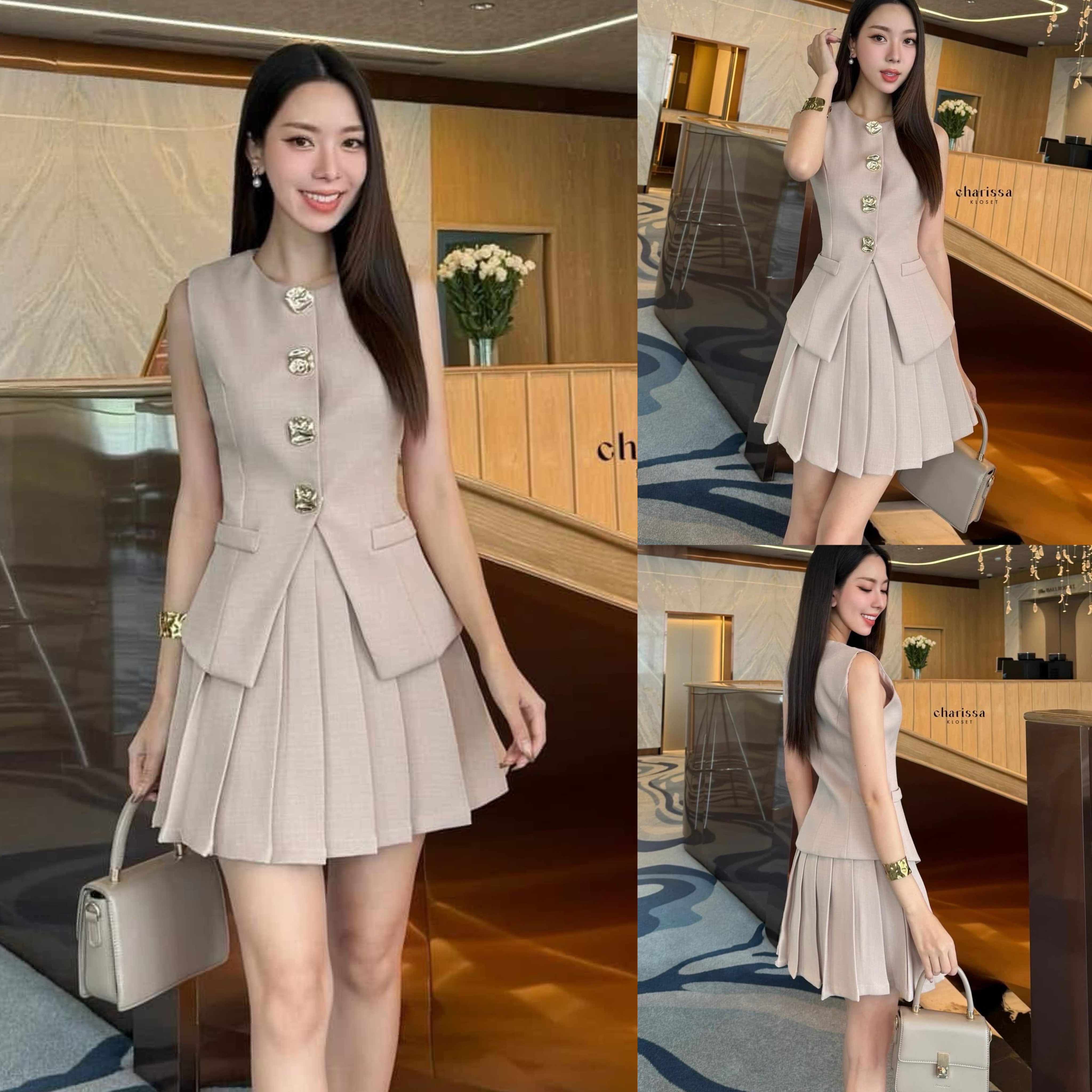 เซ็ทกระโปรงพลีทสั้นมาพร้อมกับเสื้อแขนกุดแต่งกระดุมทองเม็ดใหญ่หรูมาก ใส่สบาย : สินค้าคุณภาพ (พร้อมส่ง)