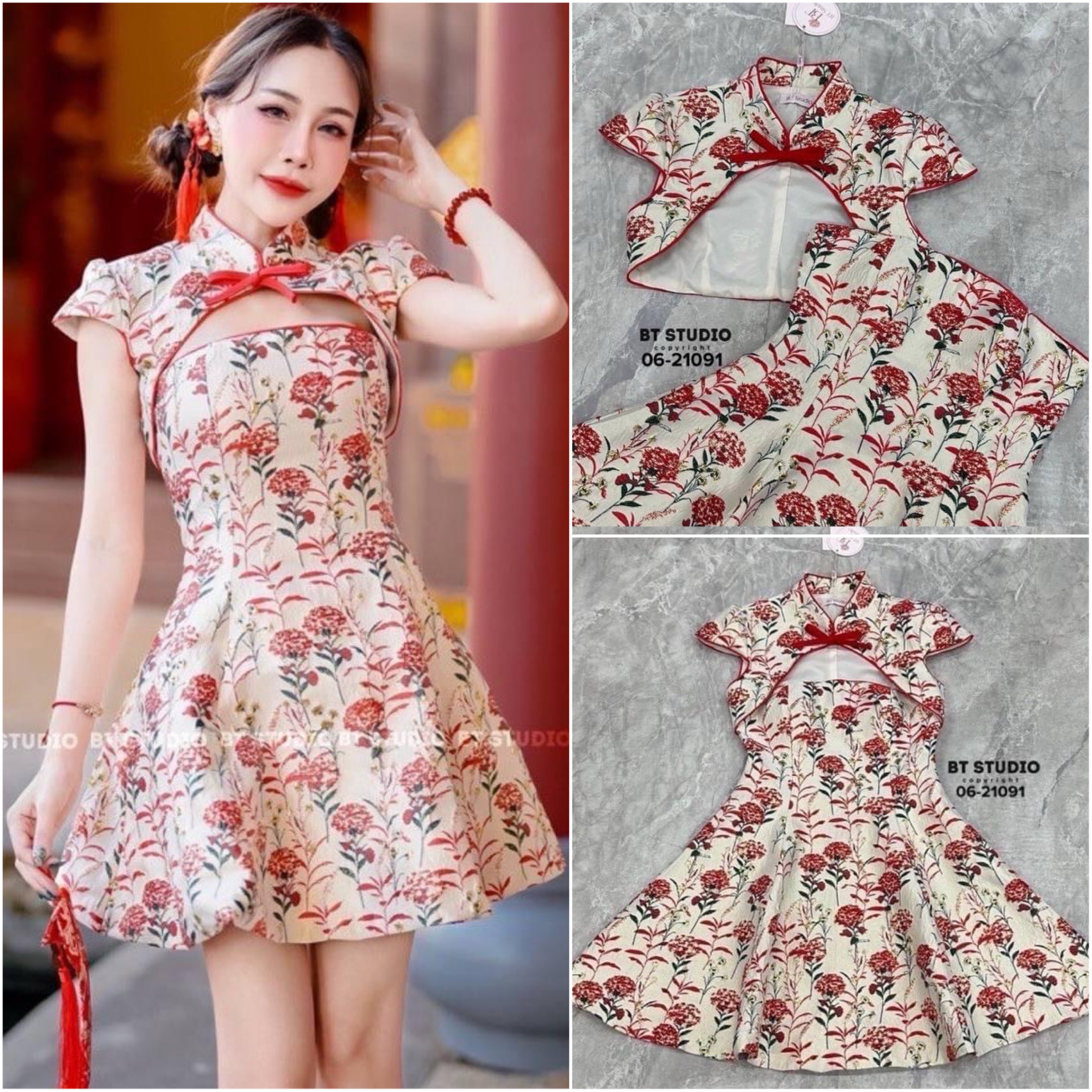 ชุดเซท 2 ชิ้น เดรสสั้นเกาะอก อกเอวเข้ารูป กระโปรงบานออก ช่วงอกเสริมฟองน้ำ แต่งเสื้อคลุม ตัวสั้นแขนสั้นคอจีนแต่งโบตรงกลาง ผ้าทอลายในตัวมีซับใน ใส่สบาย สินค้าคุณภาพ (พร้อมส่ง)