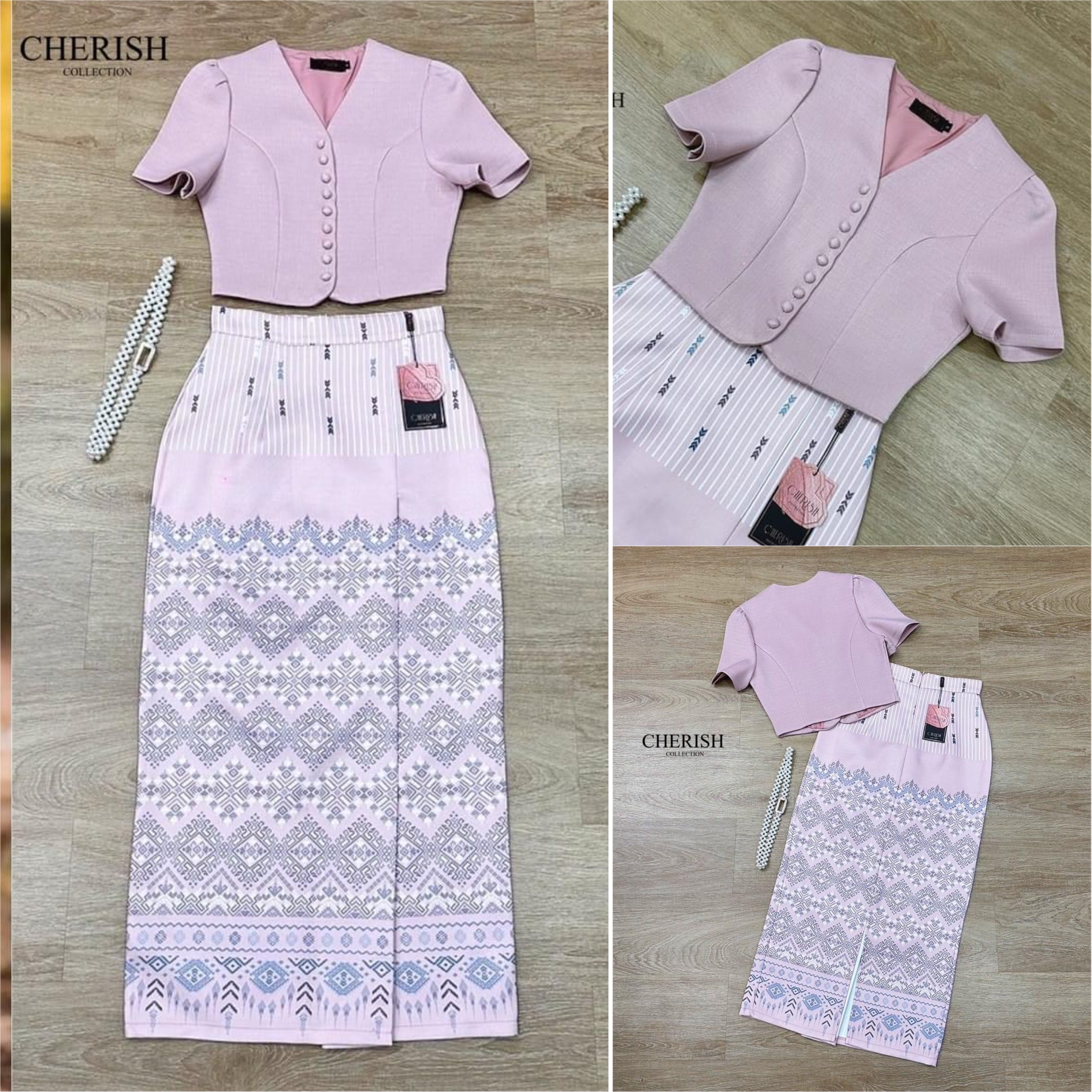 เช็ท 3 ชิ้น ชุดงานบุญ ชุดไทย เสื้อวีแต่งกระดุมเรียง เสื้อแขนสั้น ใหล่ยกเล็กน้อยเสริมซับในอย่างดี ใส่คู่ผ้าถุงพิมท์ลาย ใส่สบาย สินค้าคุณภาพ (พร้อมส่ง)