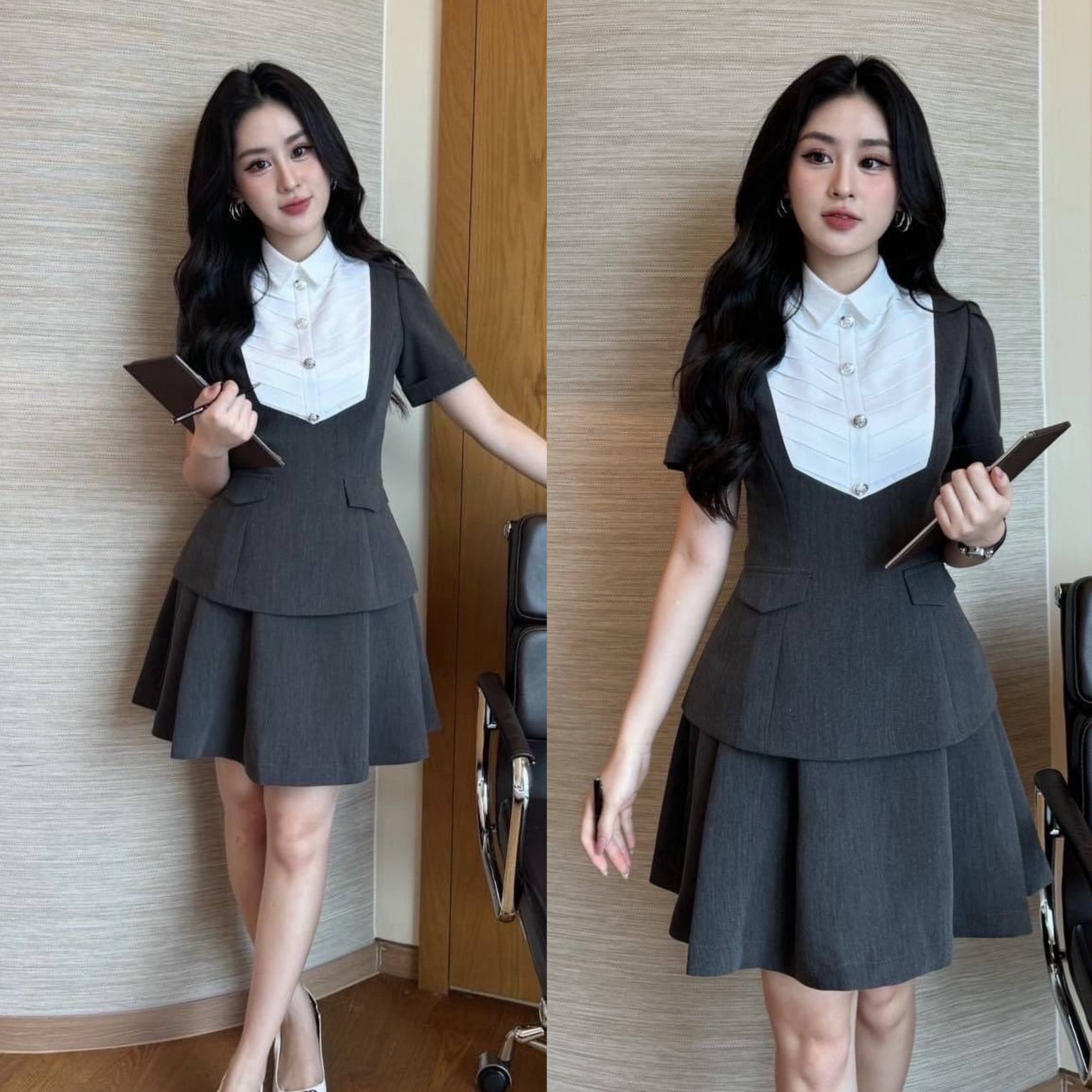 Set 2 ชิ้นสีเทา เสื้อคอปกแขนสั้น อก ดีไซน์เย็บต่อผ้าสีขาวและเย็บติดกระดุมเงินเด่น สวย ชายเสื้อแต่งปกกระเป๋าหลอกเก๋ๆ (มีซิปหลัง) มาคู่กับกระโปรงสั้นดีไซน์จับจีบ มีซิปหลัง ใส่สบาย : สินค้าคุณภาพ (พร้อมส่ง)