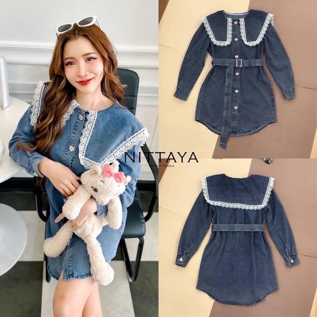 เดรสยีนส์ผ้านิ่มแขนยาว คอปกแต่งลูกไม้ขาว รุ่นนี้ใช้คำว่า น่ารักเปลืองมาก มาพร้อมเข็มขัด 1 เส้น สินค้าคุณภาพ (พร้อมส่ง)