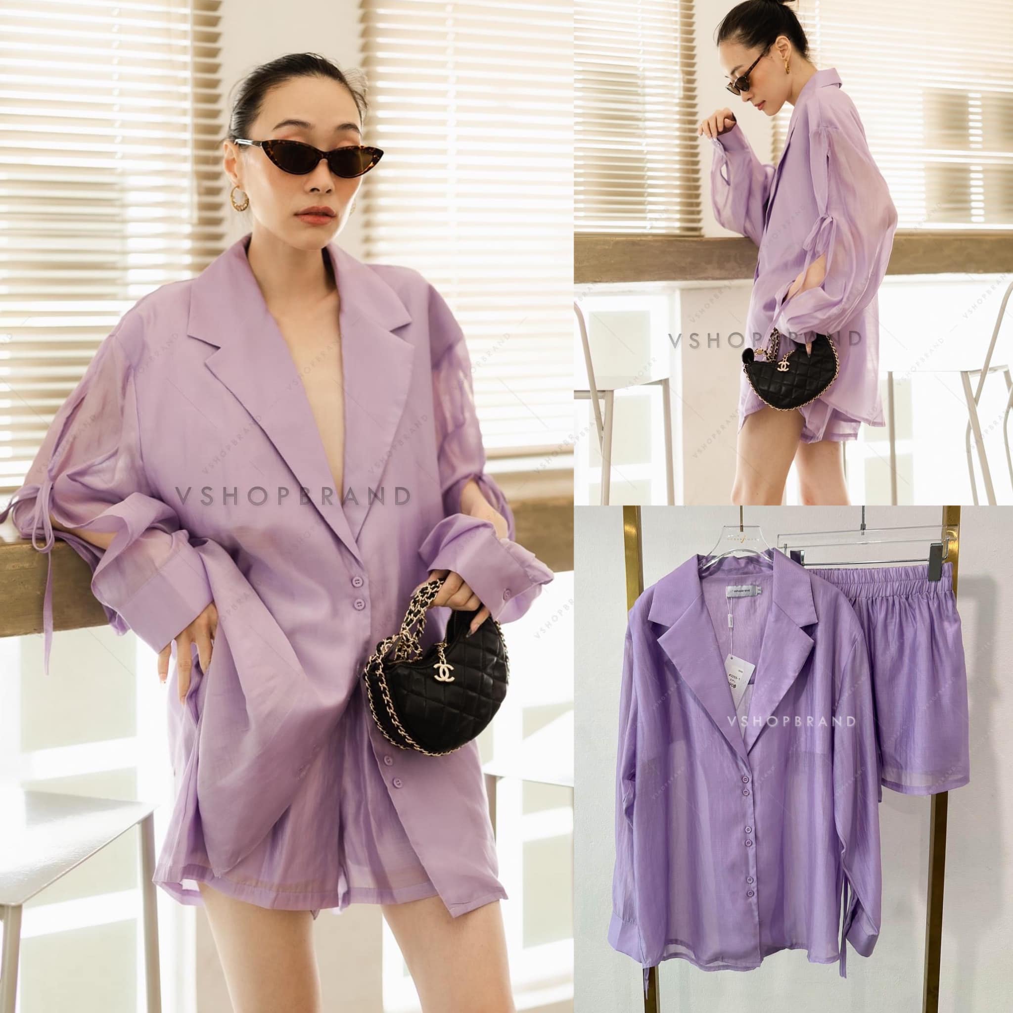 Set เสื้อทรงสูทผ้าซี่ทรู + กก. ขาสั่น เอวสม็อค สินค้าคุณภาพ (พร้อมส่ง)