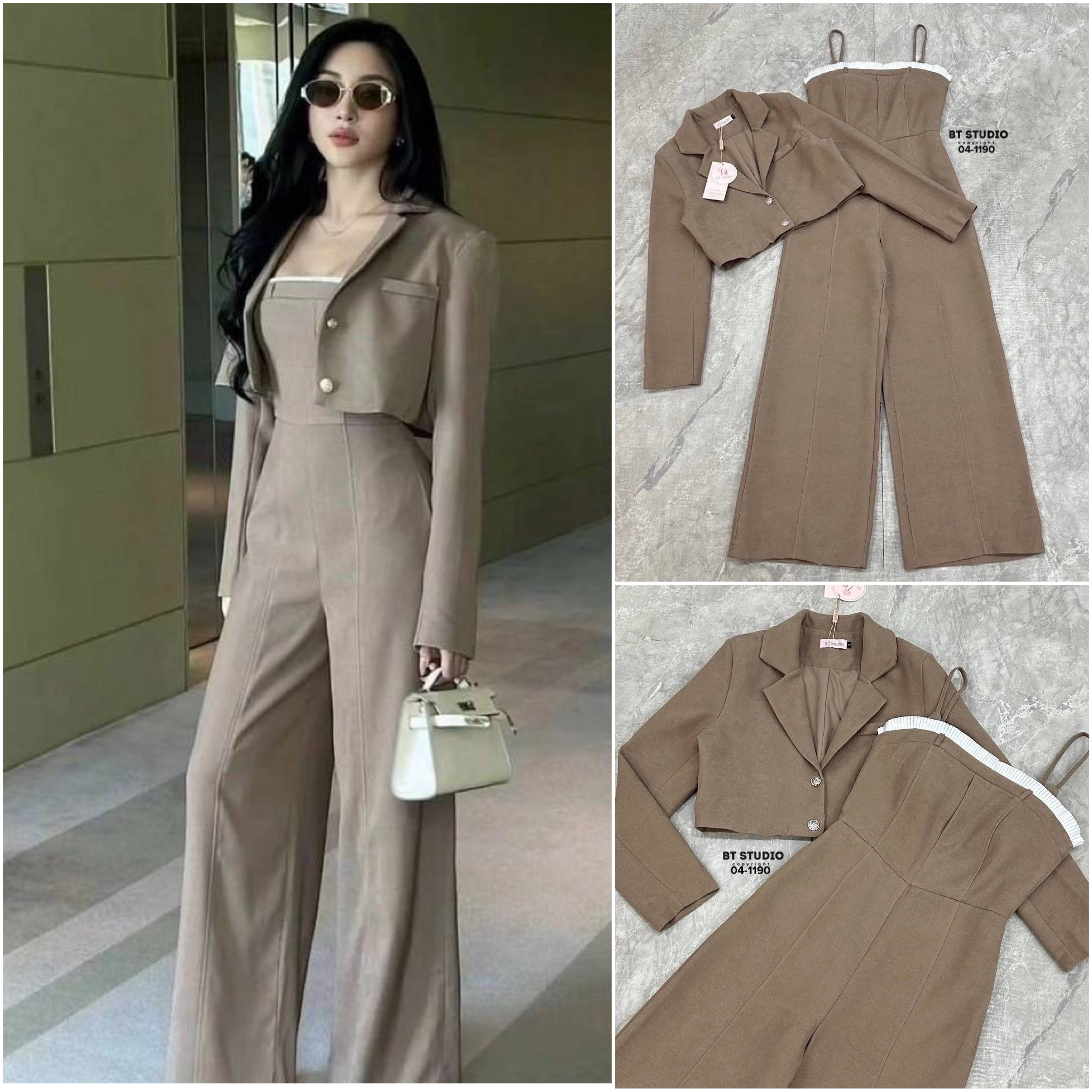 เซท 2 ชิ้น ชุดจั้มสูทสายเดี่ยวเกาะอก แมทซ์กับเสื้อคลุมเบเซอร์ตัวสั้นแขนยาว ใส่สบาย สินค้าคุณภาพ (พร้อมส่ง)