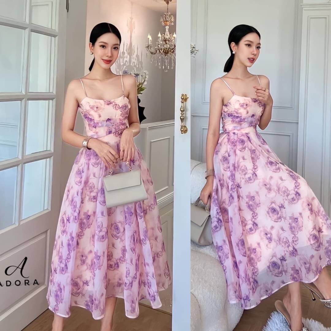 เดรส สายเดี่ยวลายกุหลาบ ผ้าเย็นสบาย มีฟองน้ำในตัว ซิปหลัง มีซับในสามชั้น ใส่สบาย : สินค้าคุณภาพ (พร้อมส่ง)