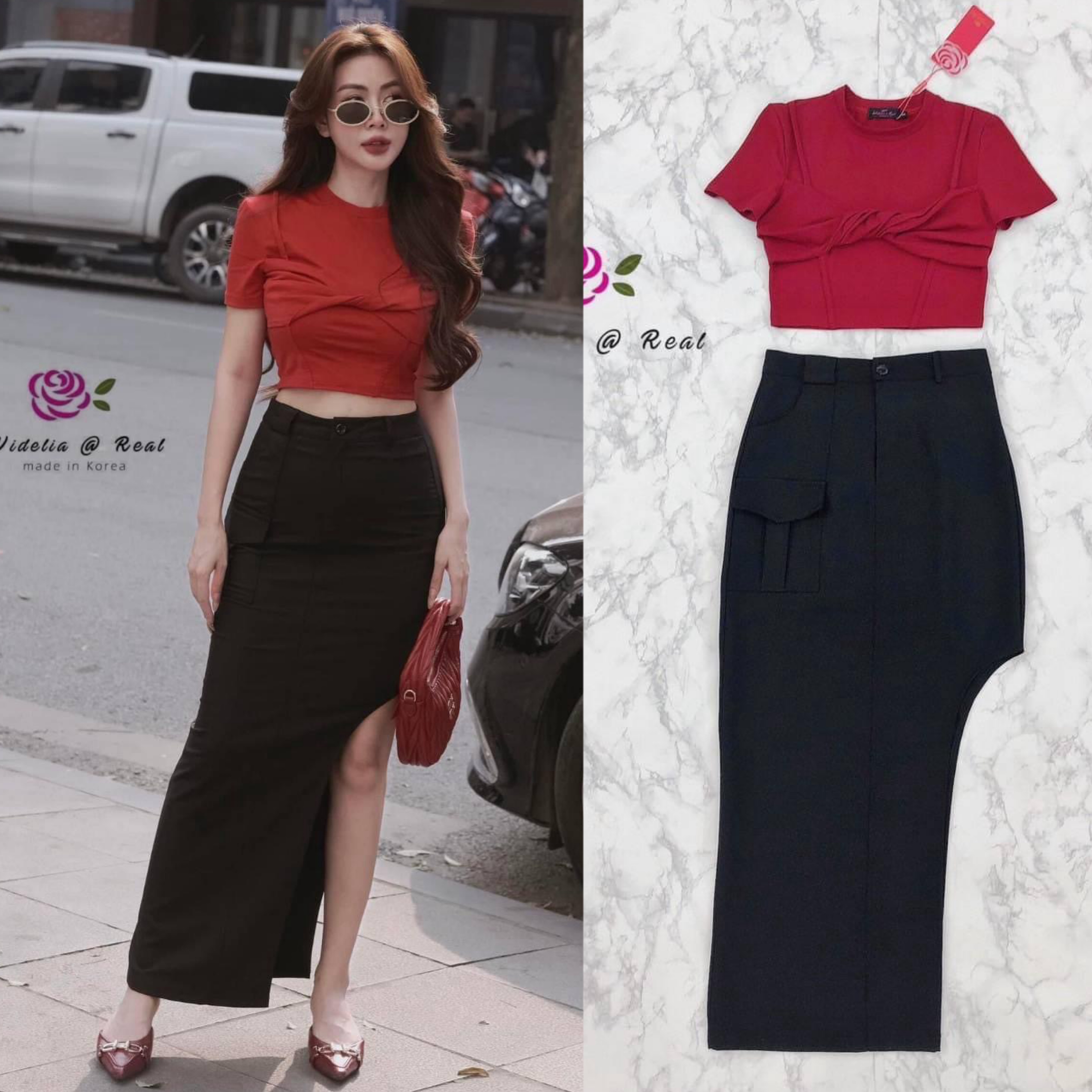 Set :: เซตเสื้อแขนสั้นทรงสวย ด้านหน้ามีกิมมิคการบิดผ้าให้เป็นโบ มาเข้าชุดกับกระโปรงทรงสอบผ่าข้างสวย ใส่สบาย สินค้าคุณภาพ (พร้อมส่ง)