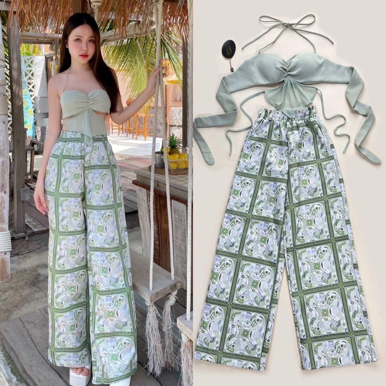 เซตเสื้อและกางเกงตัวกางเกง เป็นผ้าพิมพ์ลายสีสีเขียวมาคู่กับเสื้อเสื้อ ตัวนี้มีฟองน้ำในตัวนะคะผูกคล้องคอ ใส่สบาย สินค้าคุณภาพ (พร้อมส่ง)