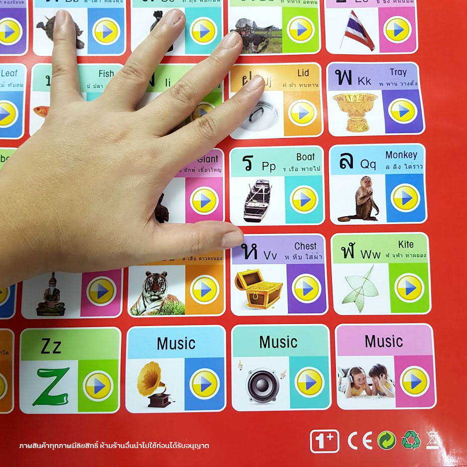 โปสเตอร์พูดได้ แผ่นอ่าน ก.ไก่ เรียนรู้ตัวอักษรไทย-อังกฤษ มีโจทย์คำถาม เพลง ด้านหลังเป็นไวท์บอร์ด แถมปากกาไวท์บอร์ด ฟรี