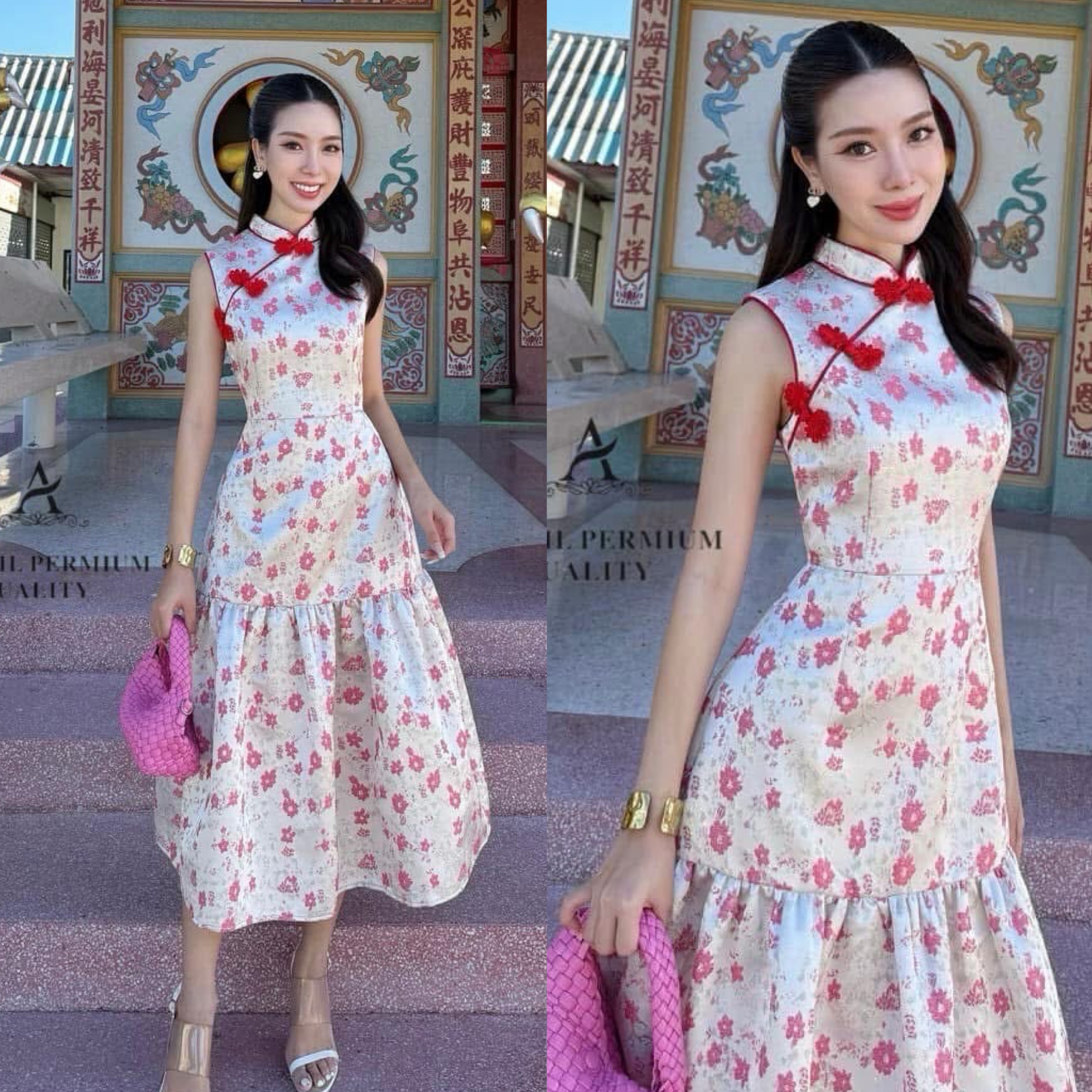 กี่เพ้า ชุด เสื้อแขนกุดคอกุ๊น ผ้าทอลายดอกชาย กระโปรงจับจีบระบายรอบ งานสวย เป๊ะ ใส่สบาย : สินค้าคุณภาพ (พร้อมส่ง)