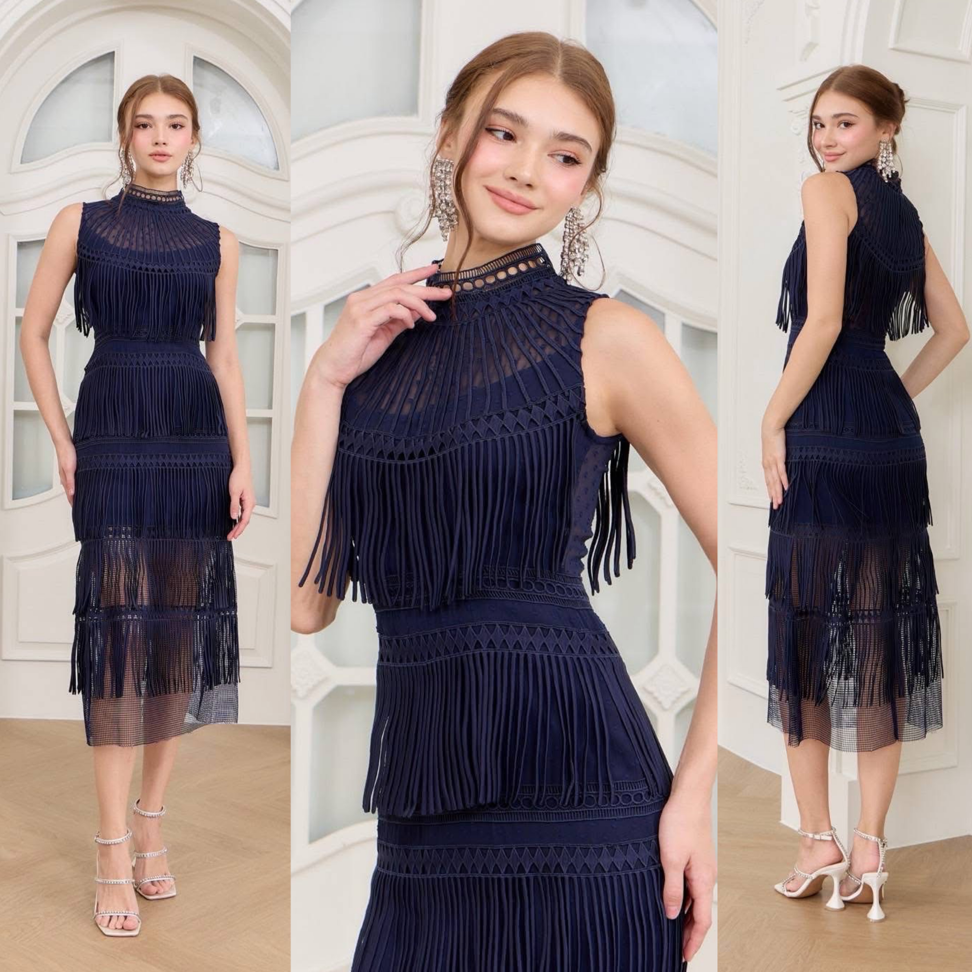 แม็กซี่เดรสผ้าลูกไม้ทอพู่รอบตัว เนื้อผ้าสั่งทอพิเศษ ตัวเดรสเป็นทรงเข้ารูป ใส่สบาย : สินค้าคุณภาพ (พร้อมส่ง)