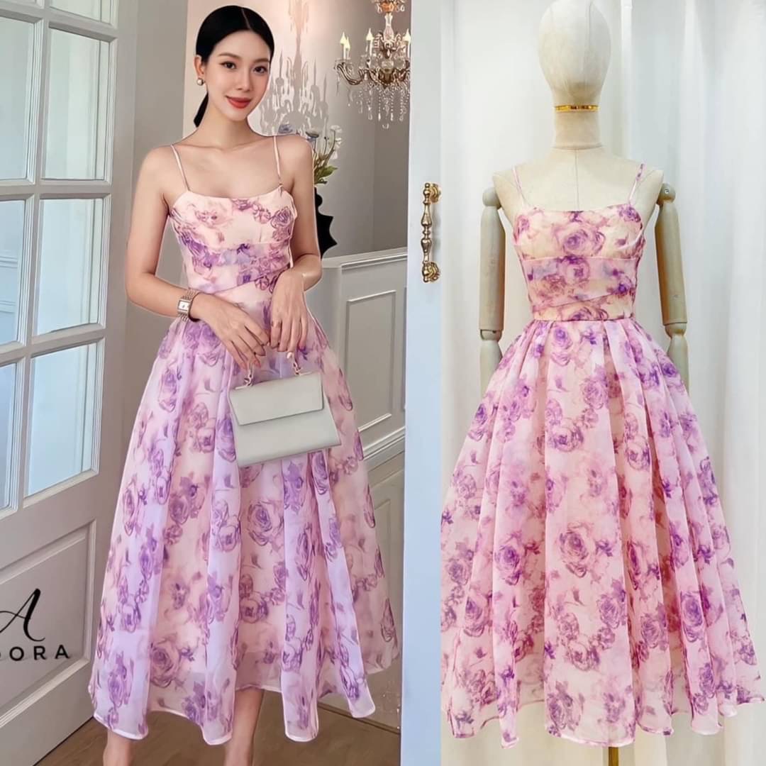 เดรส สายเดี่ยวลายกุหลาบ ผ้าเย็นสบาย มีฟองน้ำในตัว ซิปหลัง มีซับในสามชั้น ใส่สบาย : สินค้าคุณภาพ (พร้อมส่ง)