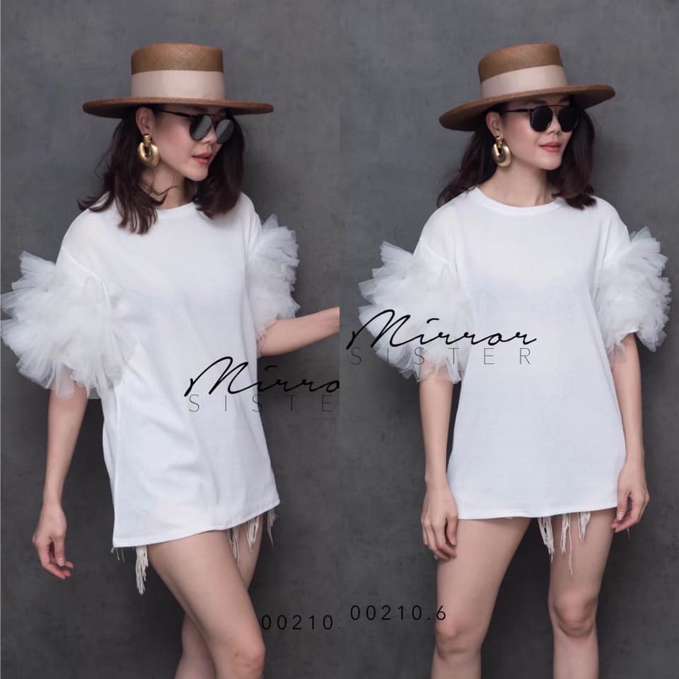 เสื้อยืดแขนสั้นฟู่ฟ่าตัวเก๋! มีดีเทลแต่งระบายฟูฟ่องที่แขน น่ารักที่สุด : สินค้าคุณภาพ (พร้อมส่ง)