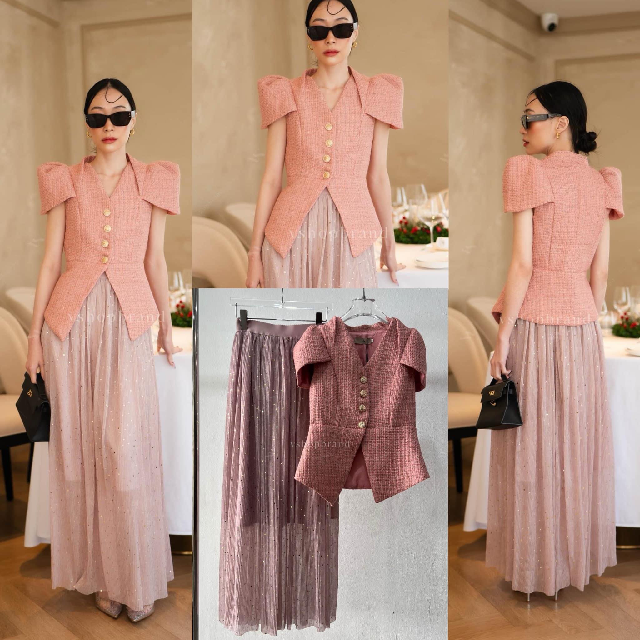 Set เสื้อผ้าทวิตขลิบขอบกระเป๋าหลอกอก + กระโปรงจีบ + เข็มกลัดโบว์ สินค้าคุณภาพ (พร้อมส่ง)