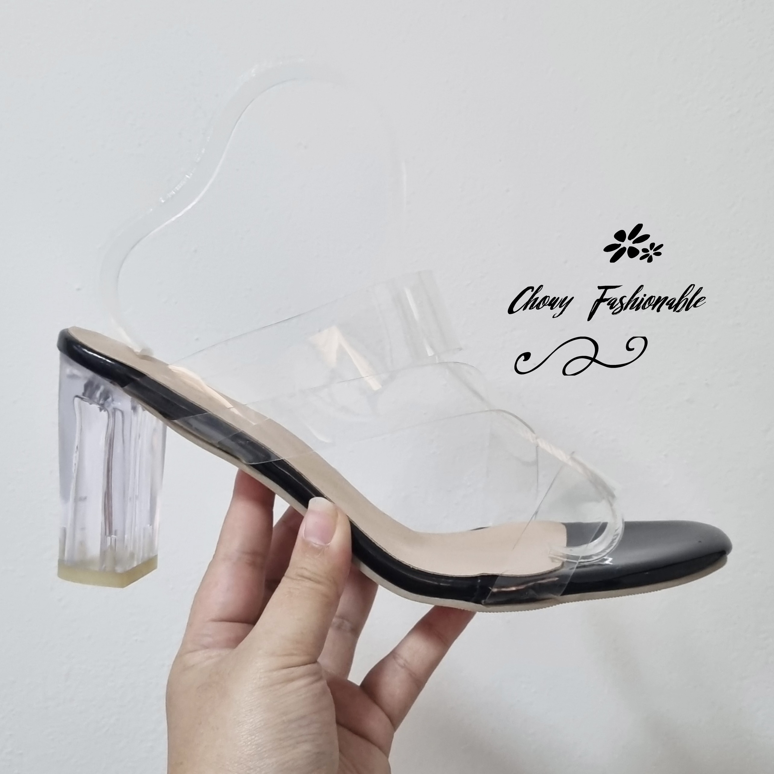 รองเท้าไซส์ใหญ่ 40 41 42 รองเท้าแตะส้นแก้วใส PUใส นิ่มมาก CHOWY KR0962BL