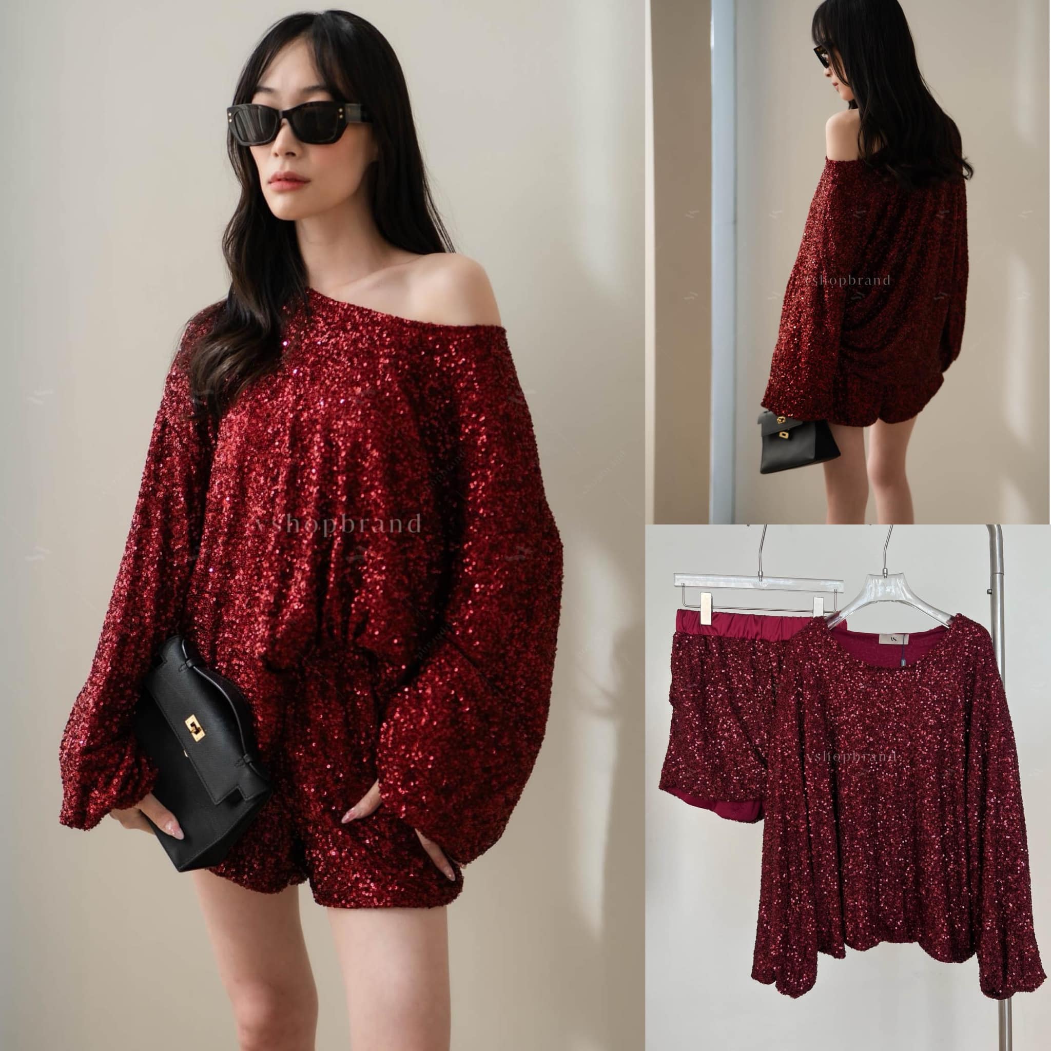 Set เสื้อกลิตเตอร์สม็อคแขน + กางเกงขาสั้น สินค้าคุณภาพ (พร้อมส่ง)