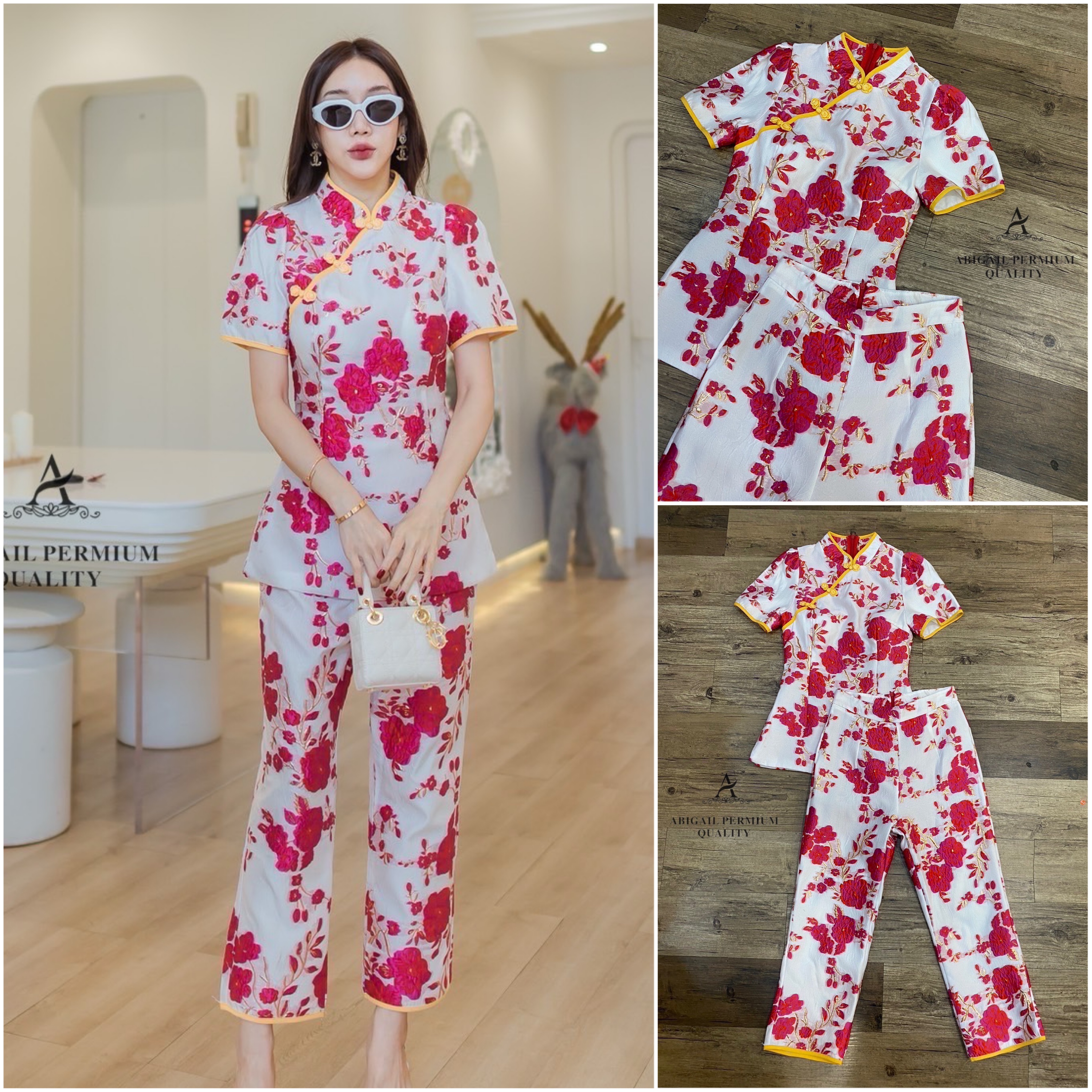 เซต 2 ชิ้น เสื้อแขนสั้นคอจีนผ่าหน้า แมทกับ กางเกงเอวสูงขายาว เนื้อผ้าทอลายดอกตัดทอง มีซับในพร้อมอัดกาวทั้งชุด สินค้าคุณภาพ (พร้อมส่ง)