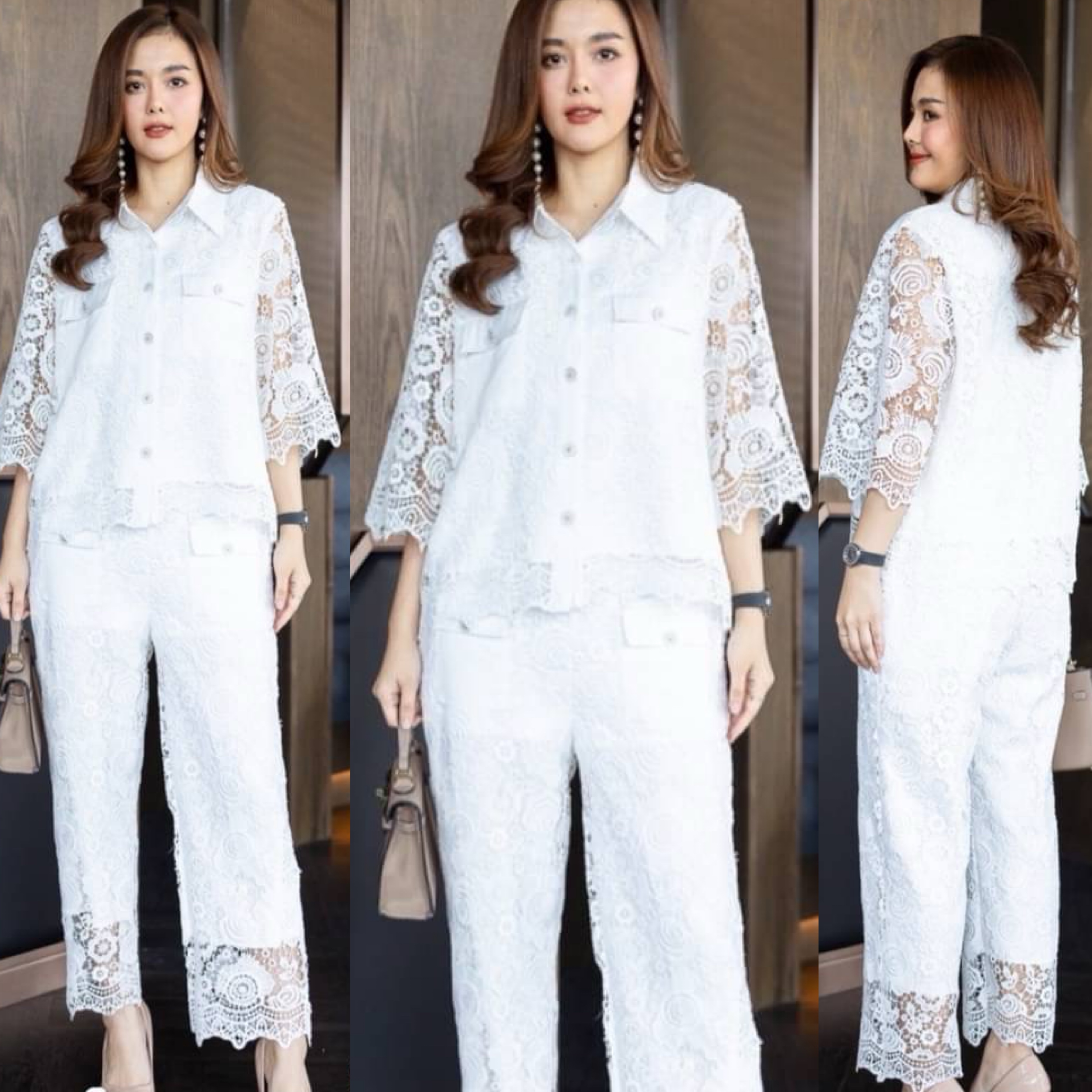 ชุดเซ็ทลูกไม้ลายเชิง ทั้งชุด แต่งกระเป๋าทั้งเสื้อและ กางเกง ประดับด้วยกระดุมมุก มีซับในทั้งชุด ใส่สบาย สินค้าคุณภาพ (พร้อมส่ง)