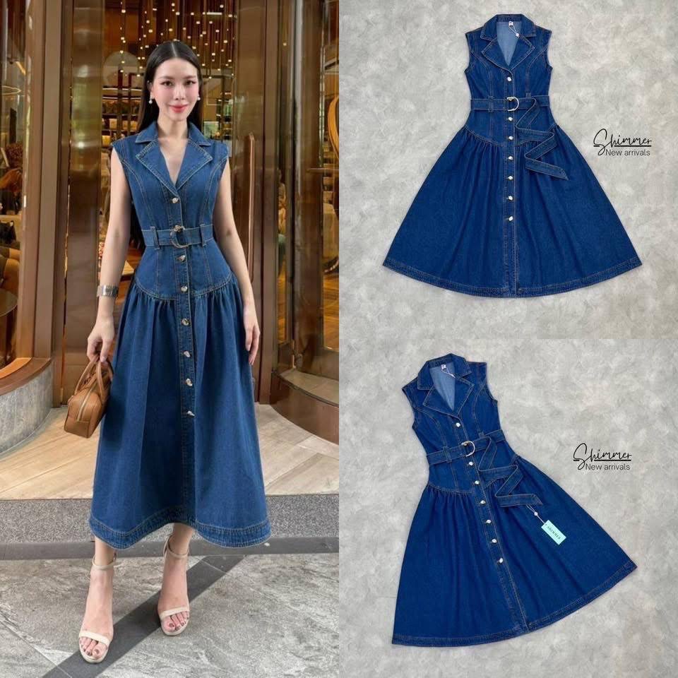มิดิเดรสเดนิมดีไซน์สวยมาพร้อมเข็มขัดเนื้อผ้าพรีเมียมทั้งชุด ใส่สบาย : สินค้าคุณภาพ (พร้อมส่ง)