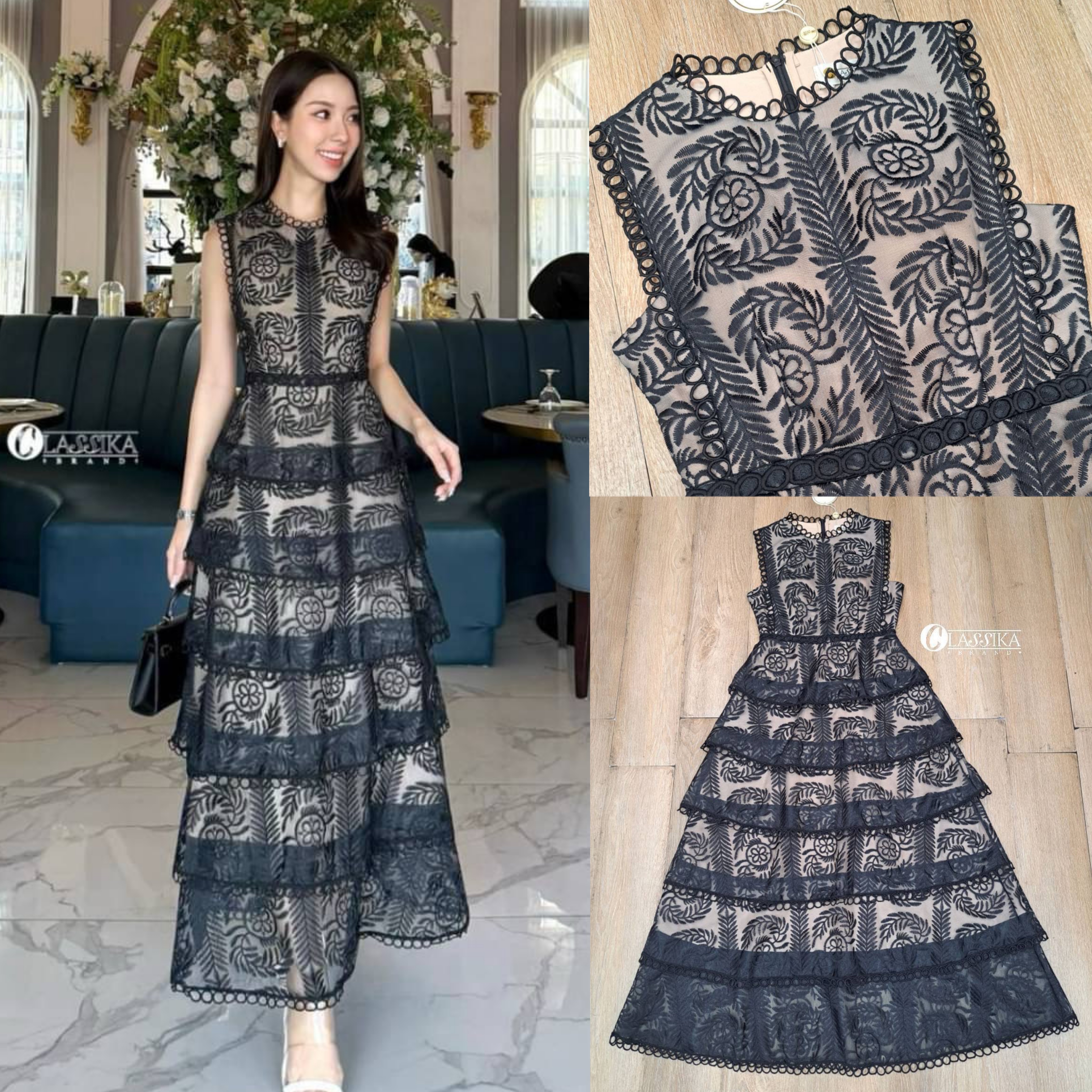 ชุดเดรสกระโปรงยาว แขนกุด ผ้าลูกไม้ ซีทรูมีลวดลาย แต่งฉลุ ช่วงกระโปรงไล่ระดับเป็น ชั้น ๆ มีฟองน้ำและซับในสีเนื้อตัดกันอย่างสวย ใส่สบาย : สินค้าคุณภาพ (พร้อมส่ง)