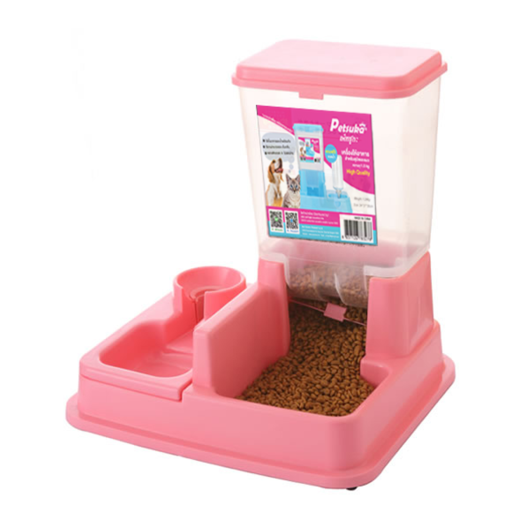 เครื่องให้อาหารและน้ำสัตว์เลี้ยง สำหรับสุนัขและแมว อัตโนมัติ Petsuka สีชมพู