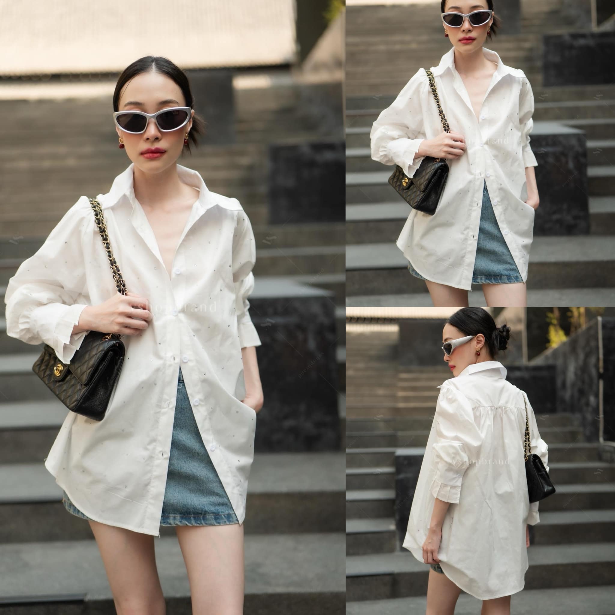 เชิ้ตแต่งเพชรเม็ดเล็กด้านหน้า ทรงสวย ใส่สบาย : สินค้าคุณภาพ (พร้อมส่ง)