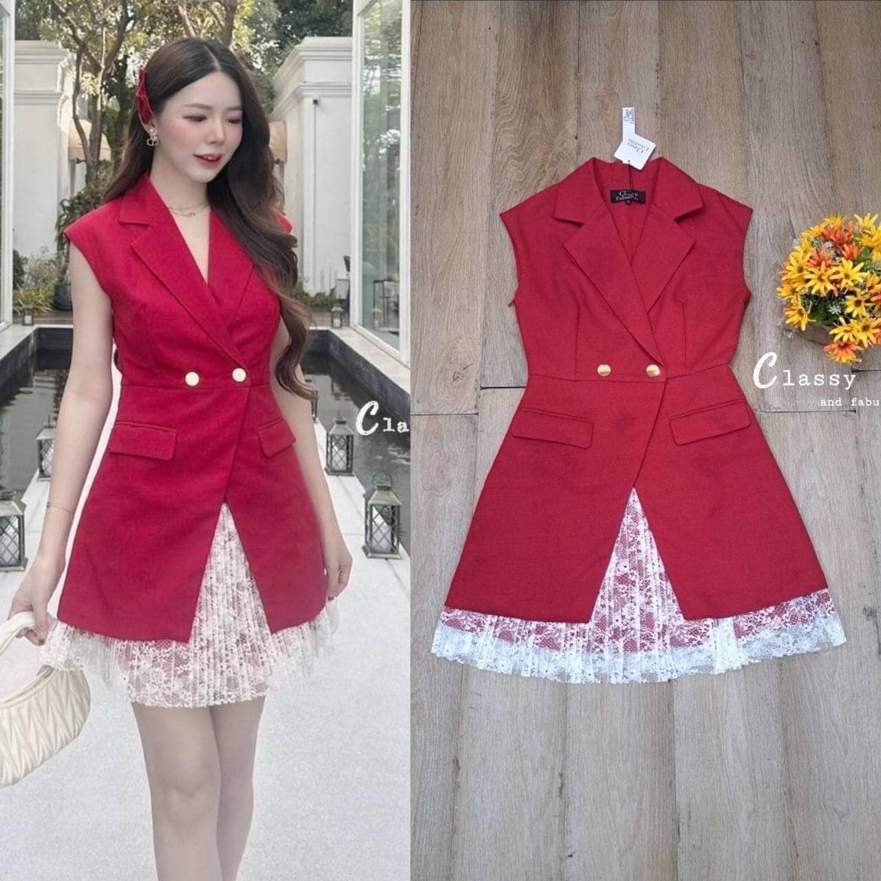 เดรสสูทกระโปรงสั้น คอปก แขนล้ำ กระดุมหน้า 2 เม็ดสีทอง เนื้อผ้ามี Texture ในตัว ชายกระโปรงตกแต่งด้วยผ้าลูกไม้อย่างดี ใส่สบาย : สินค้าคุณภาพ (พร้อมส่ง)