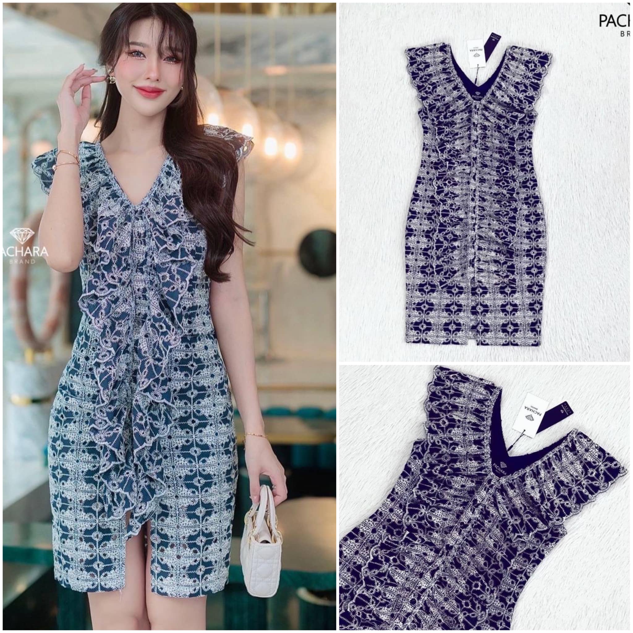 เดรสคอวีแต่งระบายสีกรมเข้ม เนื้อผ้าหนาทอฉลุลายสวยมาก สินค้าคุณภาพ (พร้อมส่ง)