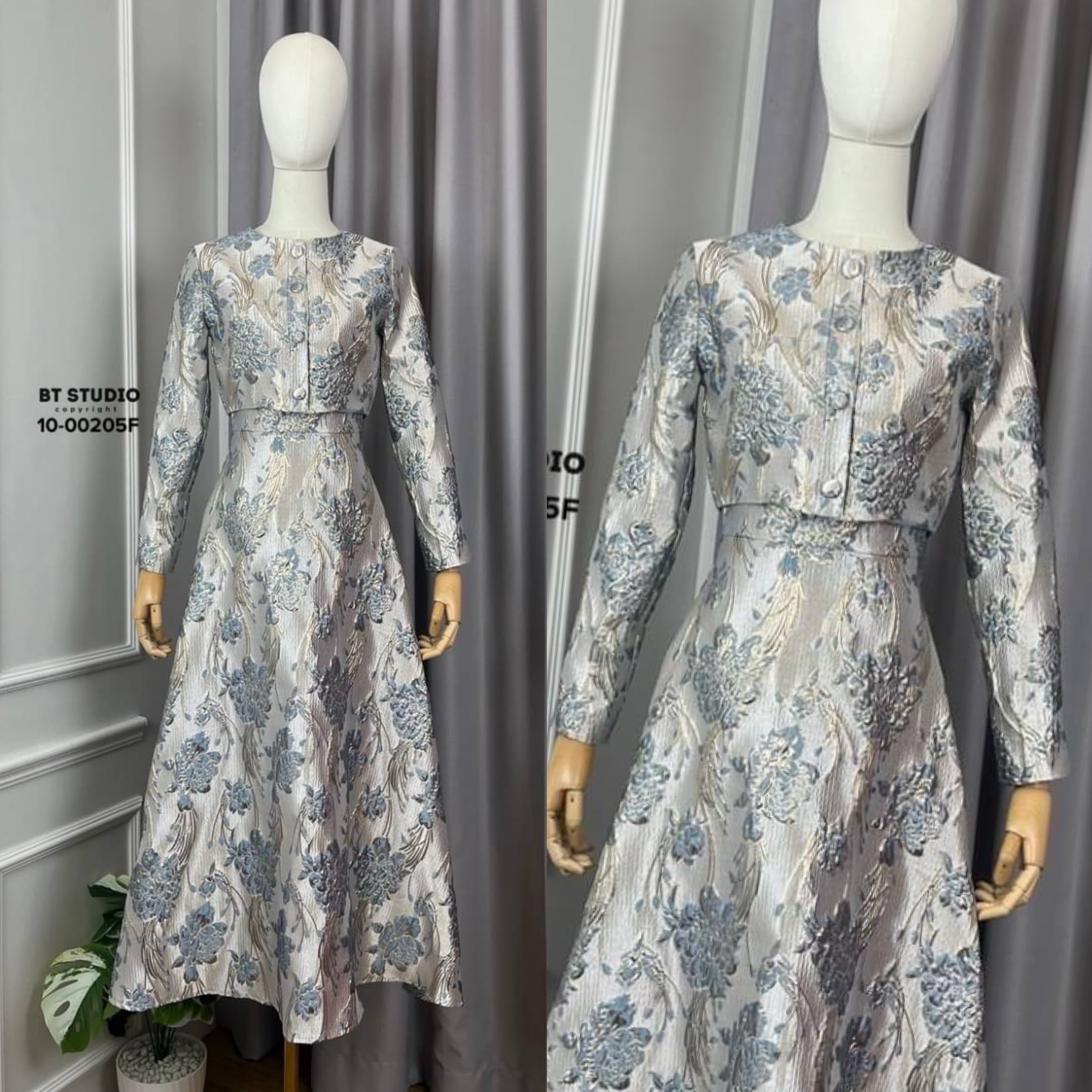 เซท 2 ชิ้น เสื้อเบเซอร์แขนยาวคอกลมแต่งกระดุมมุกด้านหน้าเรียงกัน แมทซ์กับกระโปรงยาวเอวสูงงานผ้าทอลายดอกไม้แต่งดิ้นเดินลายเส้น ใส่สบาย : สินค้าคุณภาพ (พร้อมส่ง)