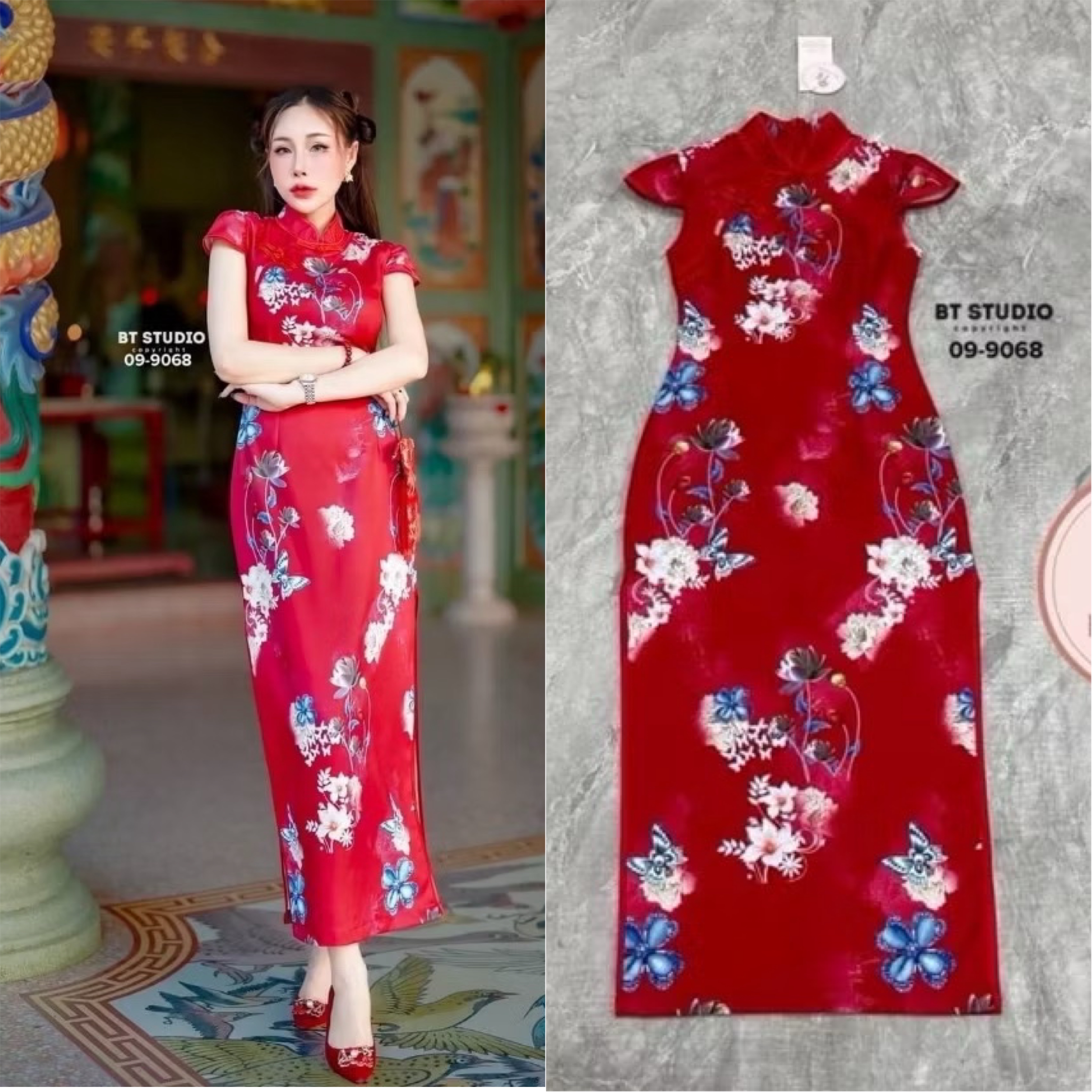 เดรสกี่เพ้า แต่งคอจีน พื้นสีพิมพ์ลายสวยม๊าก ห้ามพลาดเลยคร้าา limited ม๊ากคร้า ใส่สบาย : สินค้าคุณภาพ (พร้อมส่ง)