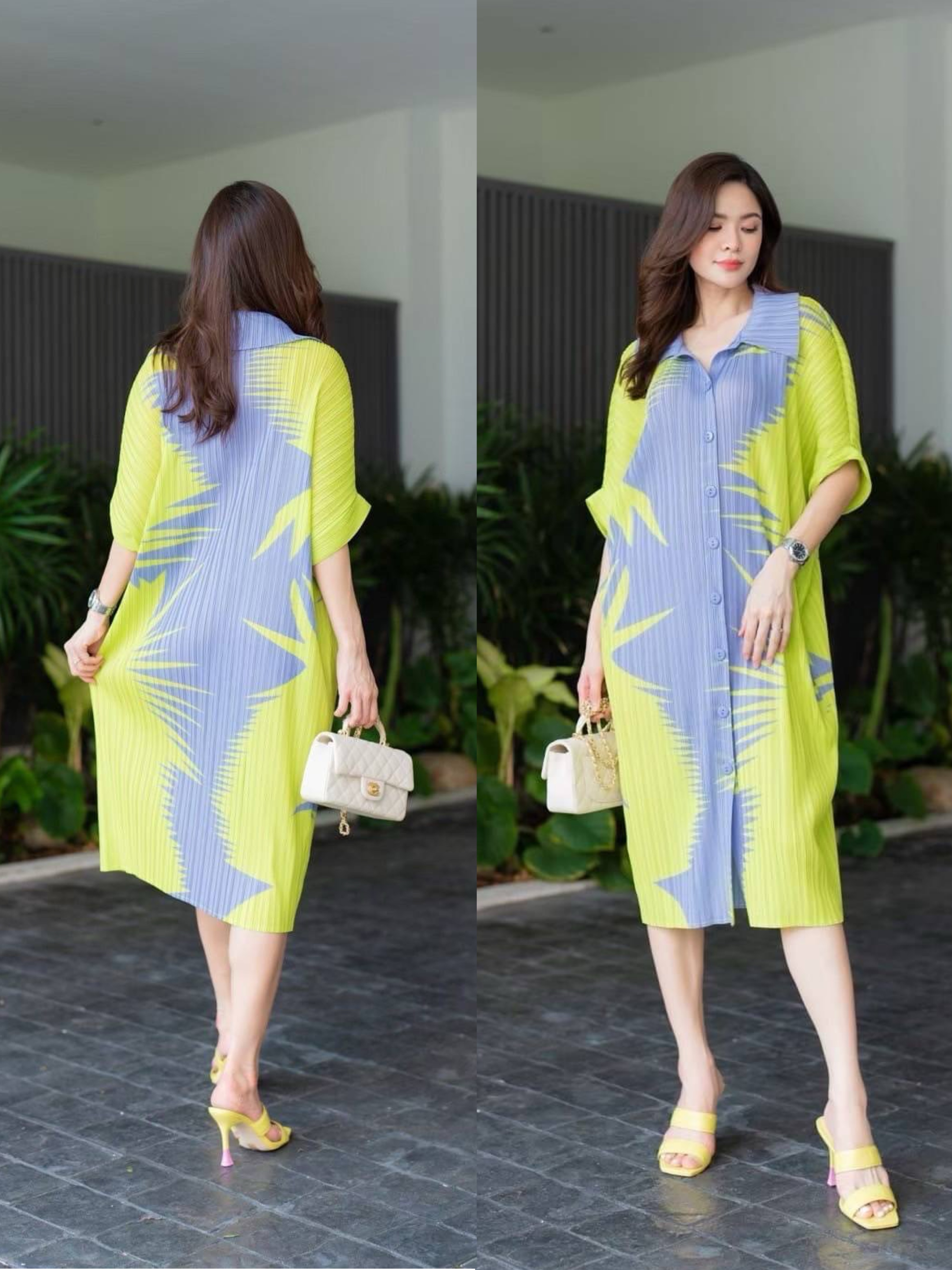 เดรสพลีทตัวยาวคอปกใหญ่ ทรงไหล่ล้ำ พับแขนเบิ้ล เกร๋กรู๊ดดด งานอัดพลีท 100% พลีท AA Premium ลายกราฟฟิค งานสวย ใส่สบาย : สินค้าคุณภาพ (พร้อมส่ง)