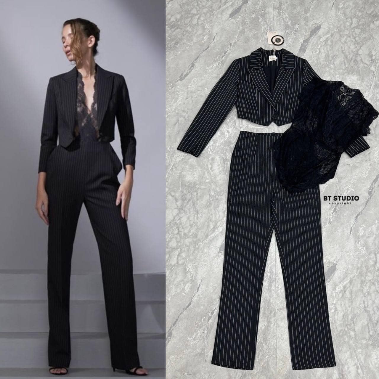 เซท 3 ชิ้น เสื้อเบเซอร์ตัวสั้นแขนยาว คอปก มาพร้อมกางเกงขายาวงานผ้าลายริ้ว แมทซ์กับบอดี้สูทลูกไม้ สินค้าคุณภาพ (พร้อมส่ง)