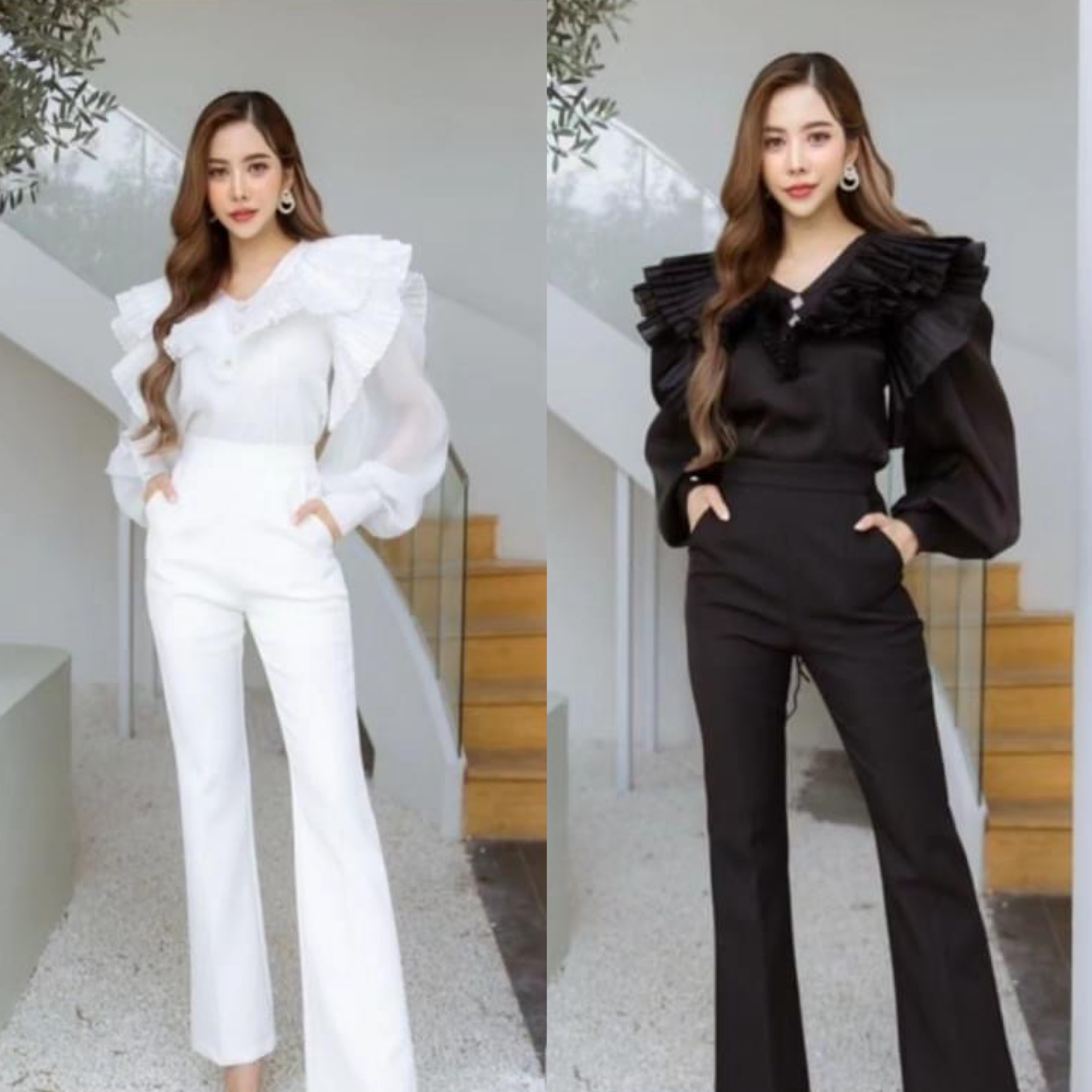 เสื้อครอปแต่งระบายอัดพลีท ผ้าซิลเนื้อดี เนื้อนุ่มใส่สบาย ตัวเสื้อเป็นทรงเข้ารูป คอวีแขนพองยาว ใส่สบาย : สินค้าคุณภาพ (พร้อมส่ง)