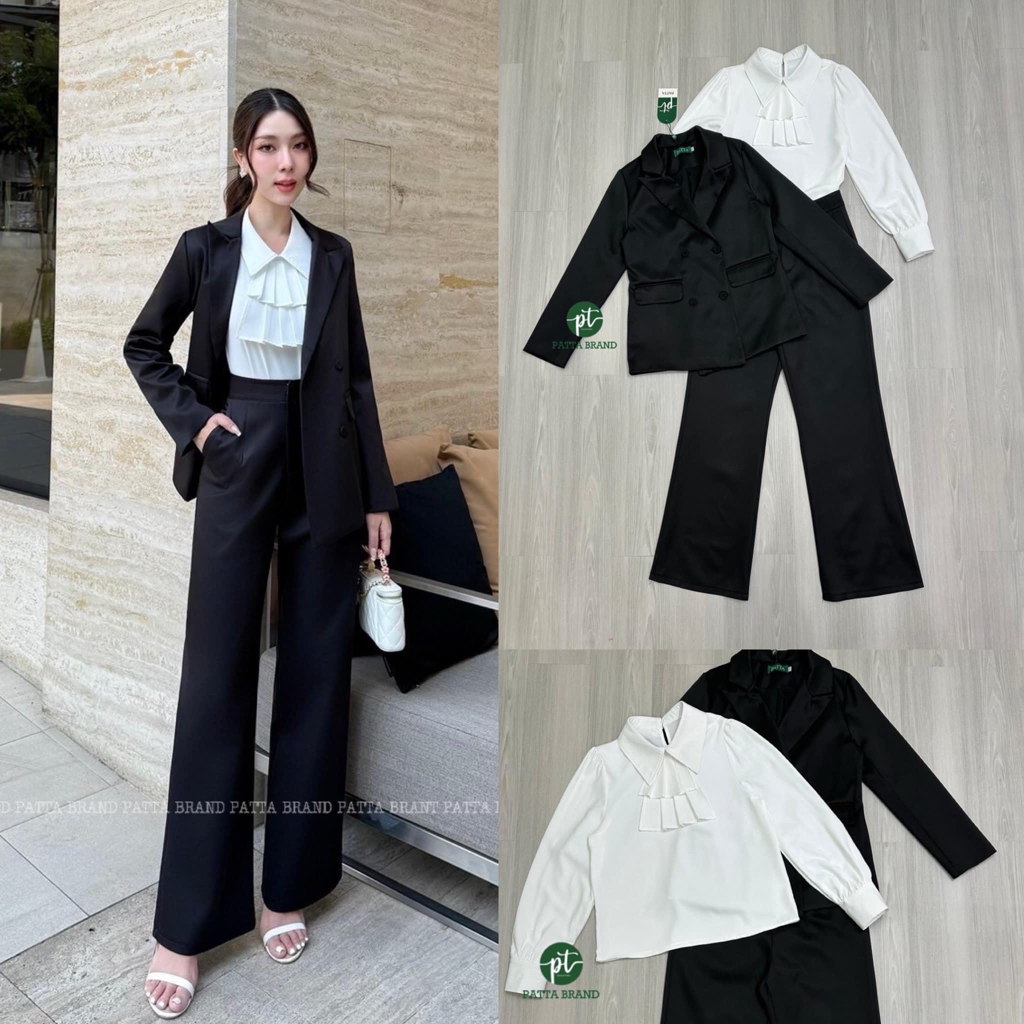 Set3ชิ้น สีดำเสื้อคลุมสูทแขนยาวมีกระดุมหน้าและมีกระเป๋าใช้งานได้จริง มาพร้อมเสื้อแขนยาวตัวในสีขาวอกแต่งระบายผ้าพริ้วในสบาย(มีกระดุมเกี่ยวช่วงคอด้านหลัง)ใส่แม๊ทช์คู่กันลงตัวมากๆ และมาคู่กางเกงขายาวทรงกระบอกทรงสวย ใส่สบาย : สินค้าคุณภาพ (พร้อมส่ง)