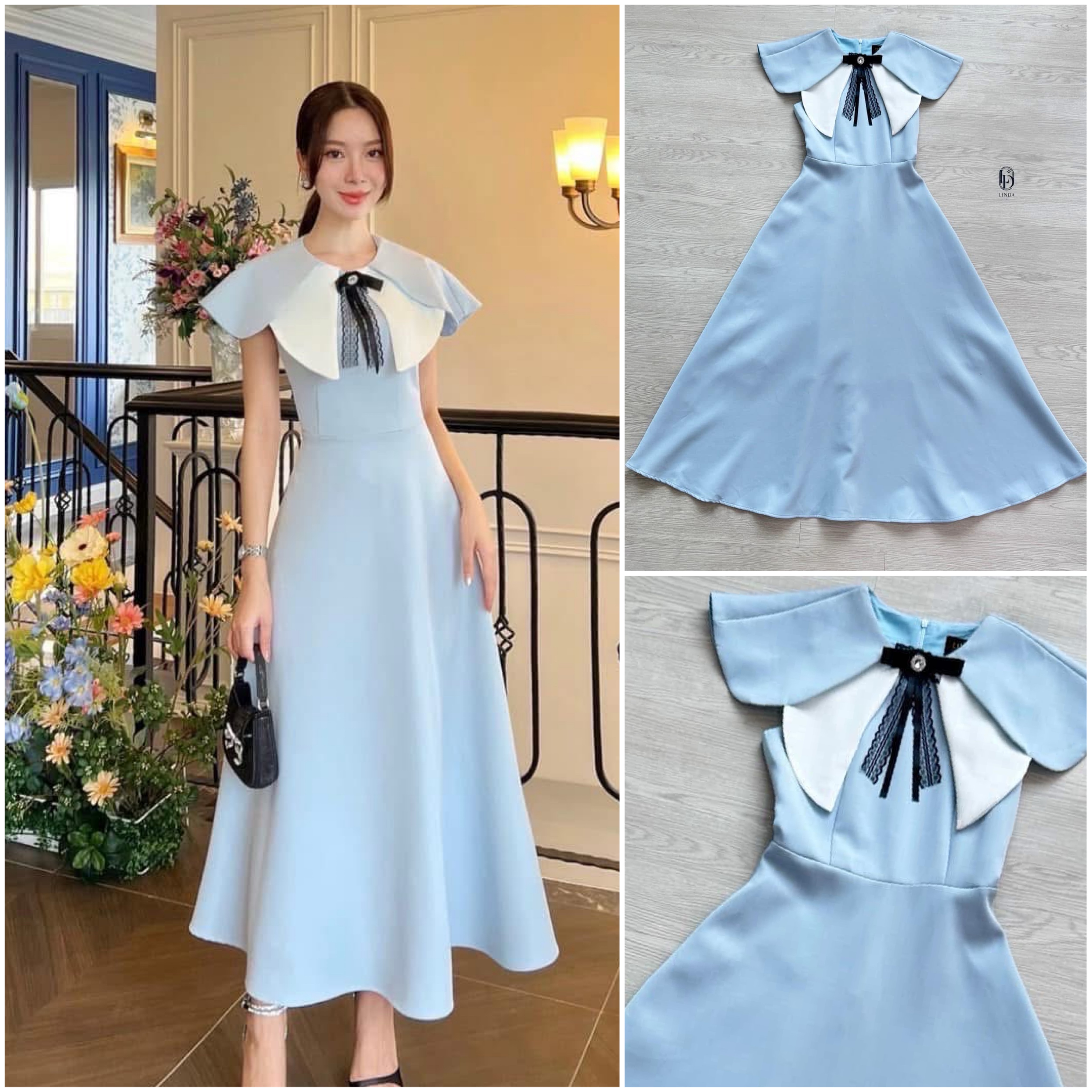 เดรสสีฟ้า เดรสยาว detail เรียบร้อยเป็นชุดที่ให้เกียรติสถานที่คอปกสีฟ้าขาวทำให้คอดูยาวระหงมีอะไรเป็นเข็มกลัดไปให้ในตัว ใส่สบาย : สินค้าคุณภาพ (พร้อมส่ง)