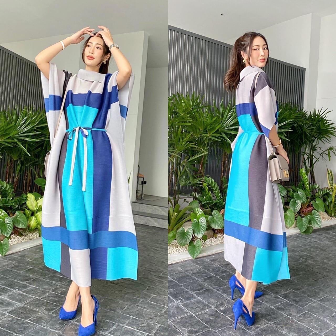 เดรสอัดพลีท ปกเฉลียง ทรงแขนผีเสื้อ 🦋 แต่งสายคาดเอว แพตเทิร์นดีงามมว้าก ใส่สบาย สินค้าคุณภาพ (พร้อมส่ง)