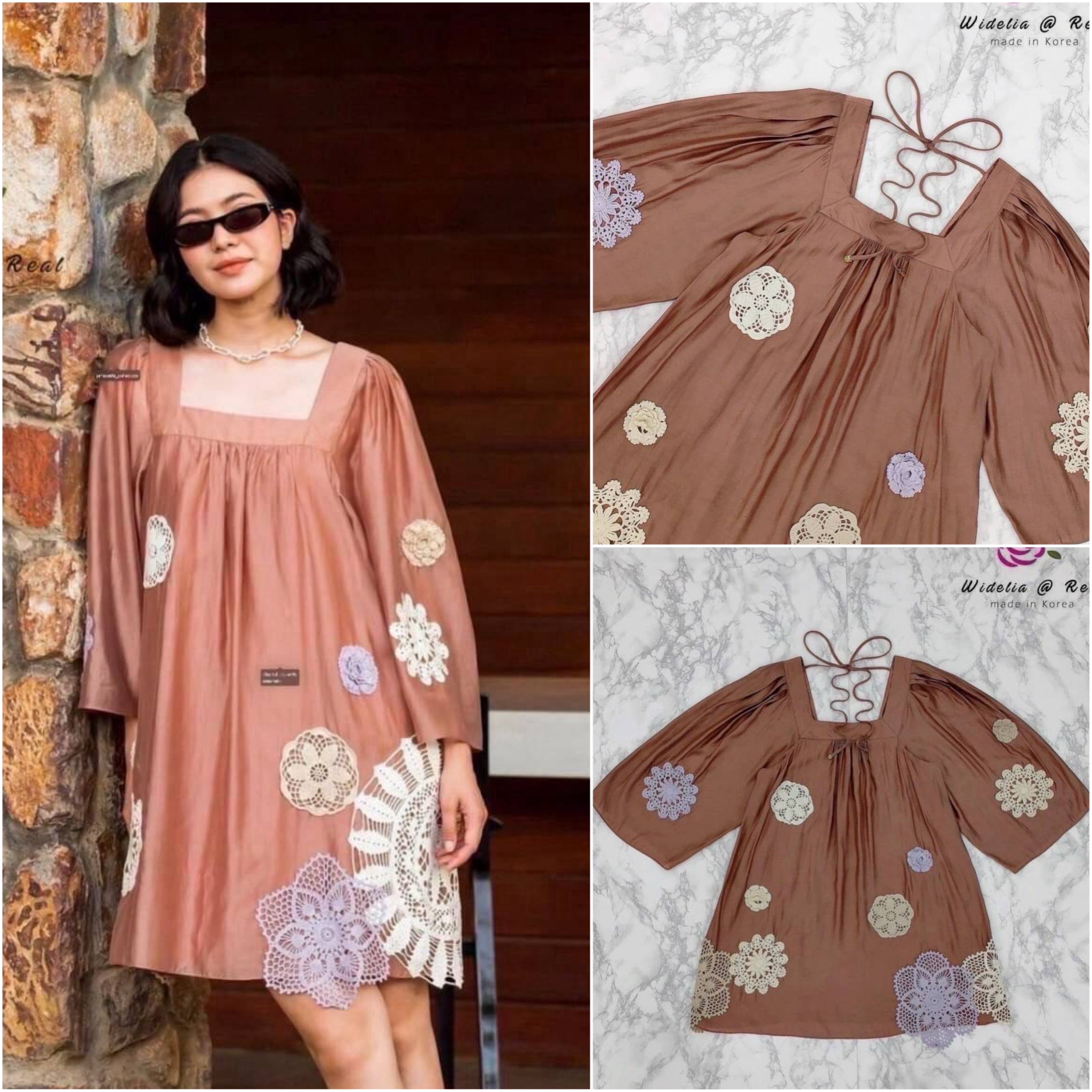 Dress เดรสแขนยาวแสนสวย งานถักดอกไม้แล้วมาเย็บปักลงบนชุด ใส่สบาย : สินค้าคุณภาพ (พร้อมส่ง)