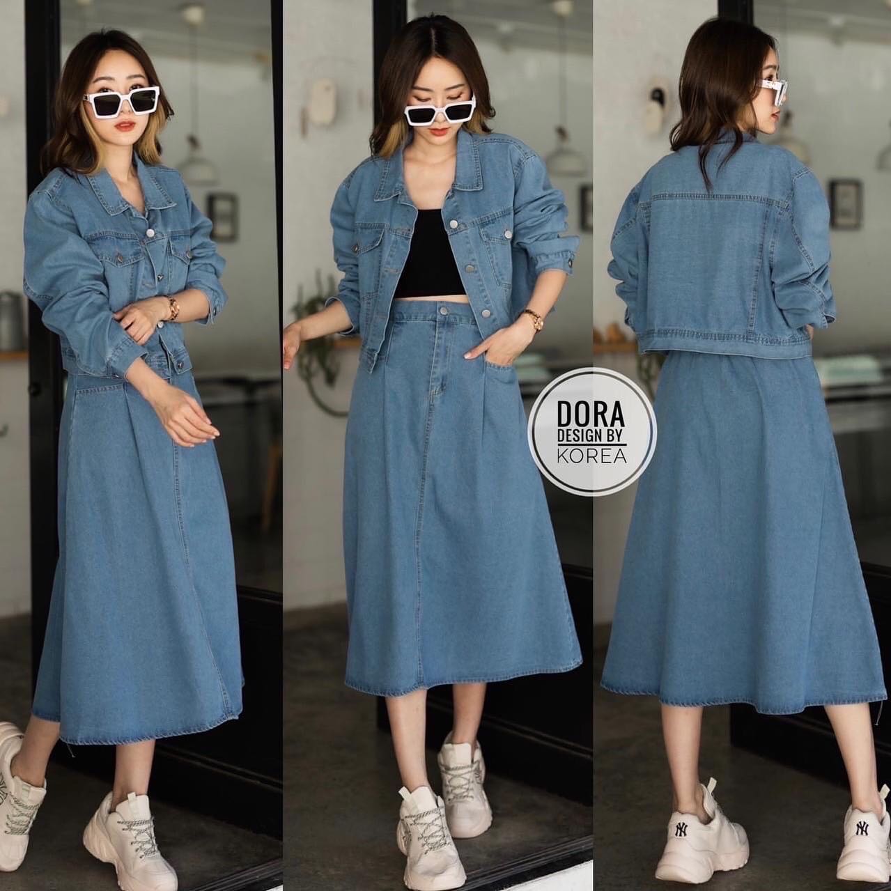 Set เสื้อ +กระโปรง ผ้ายีนไม่แข็ง ใส่สบายงานสวยมาก . สินค้าคุณภาพ (พร้อมส่ง) .